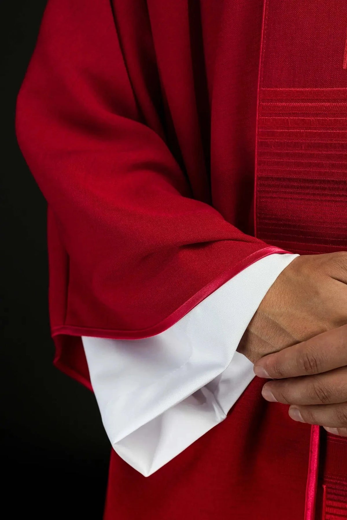 Red Satin Chasuble with Linear Cross Embroidery — Cross detail