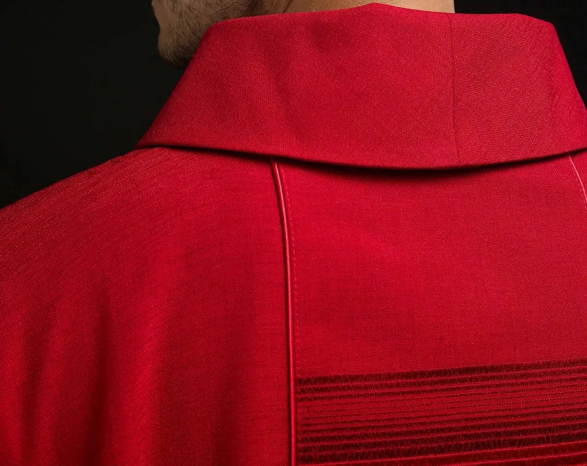Red Satin Chasuble with Linear Cross Embroidery — Roll collar finish