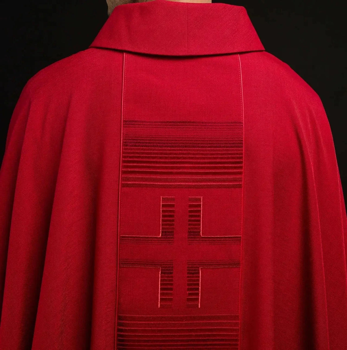 Red Satin Chasuble with Linear Cross Embroidery — Front view