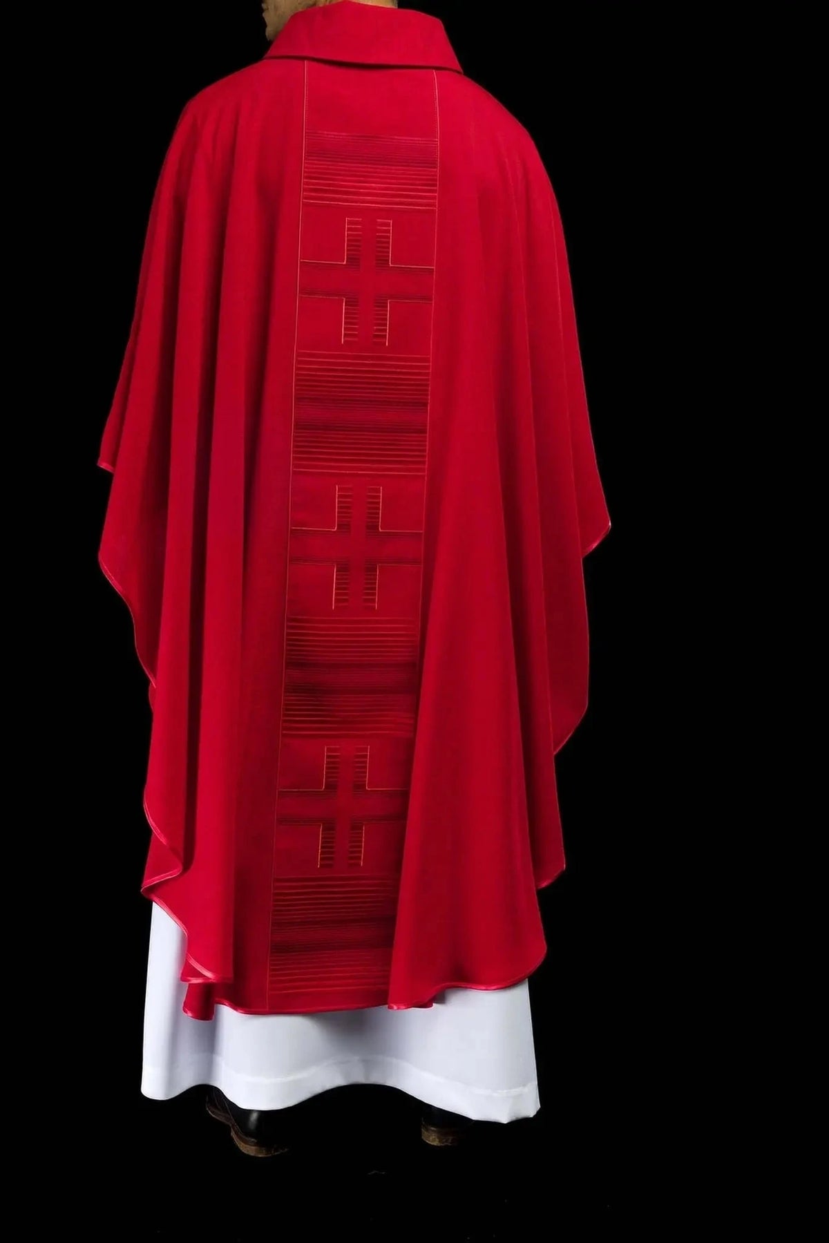 Red Satin Chasuble with Linear Cross Embroidery — Satin fabric detail