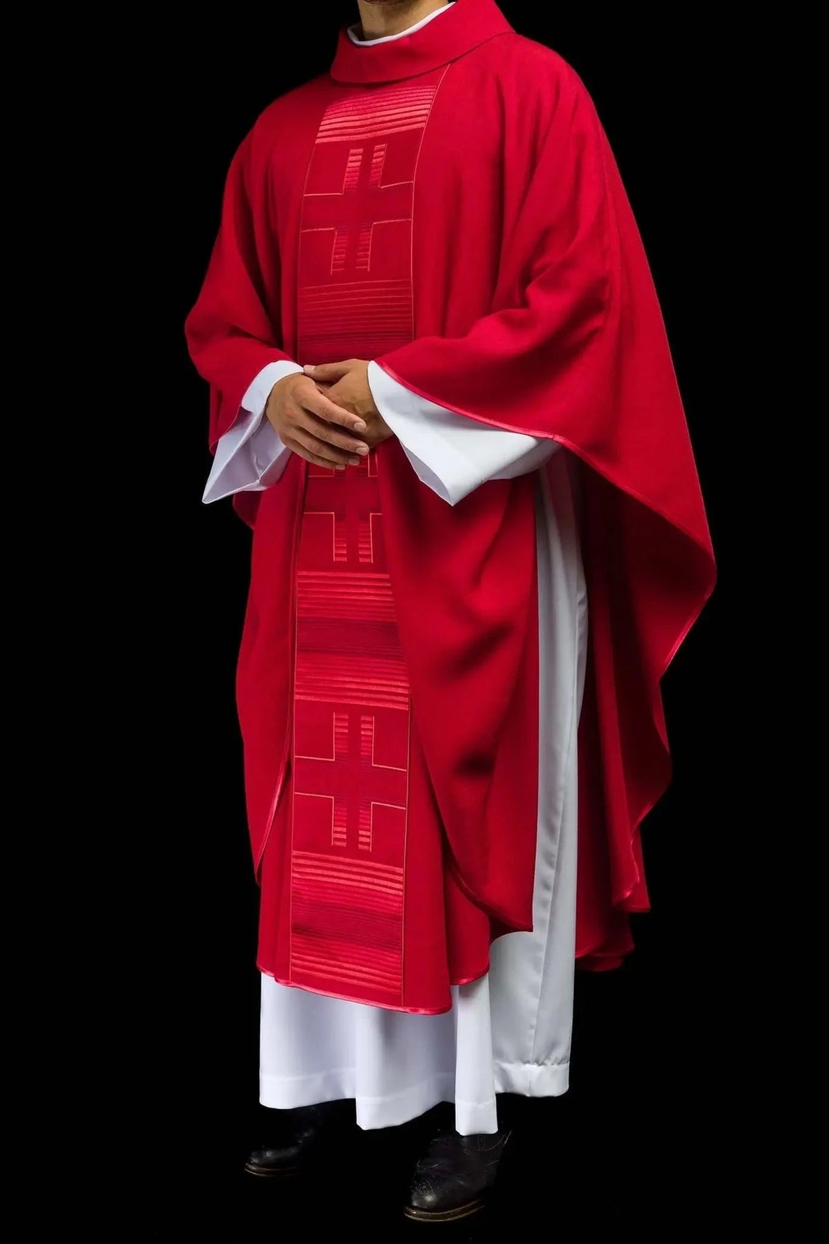 Red Satin Chasuble with Linear Cross Embroidery — Fit on celebrant