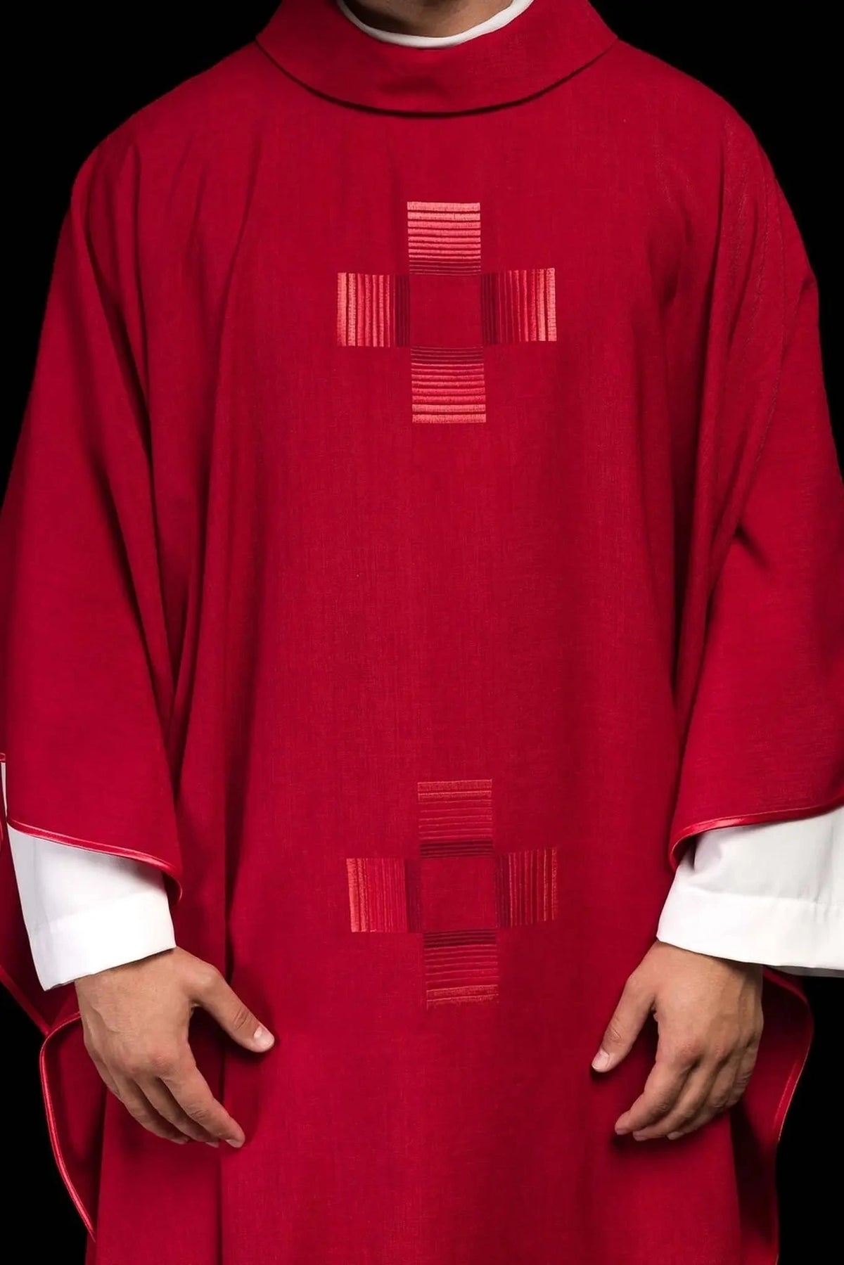 Red Satin Chasuble with Minimalist Cross Embroidery — Product view