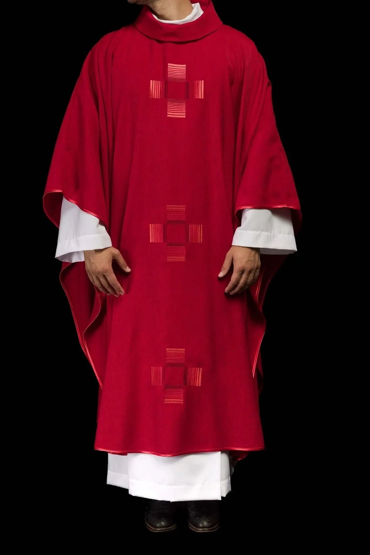 Red Satin Chasuble with Minimalist Cross Embroidery — Full view