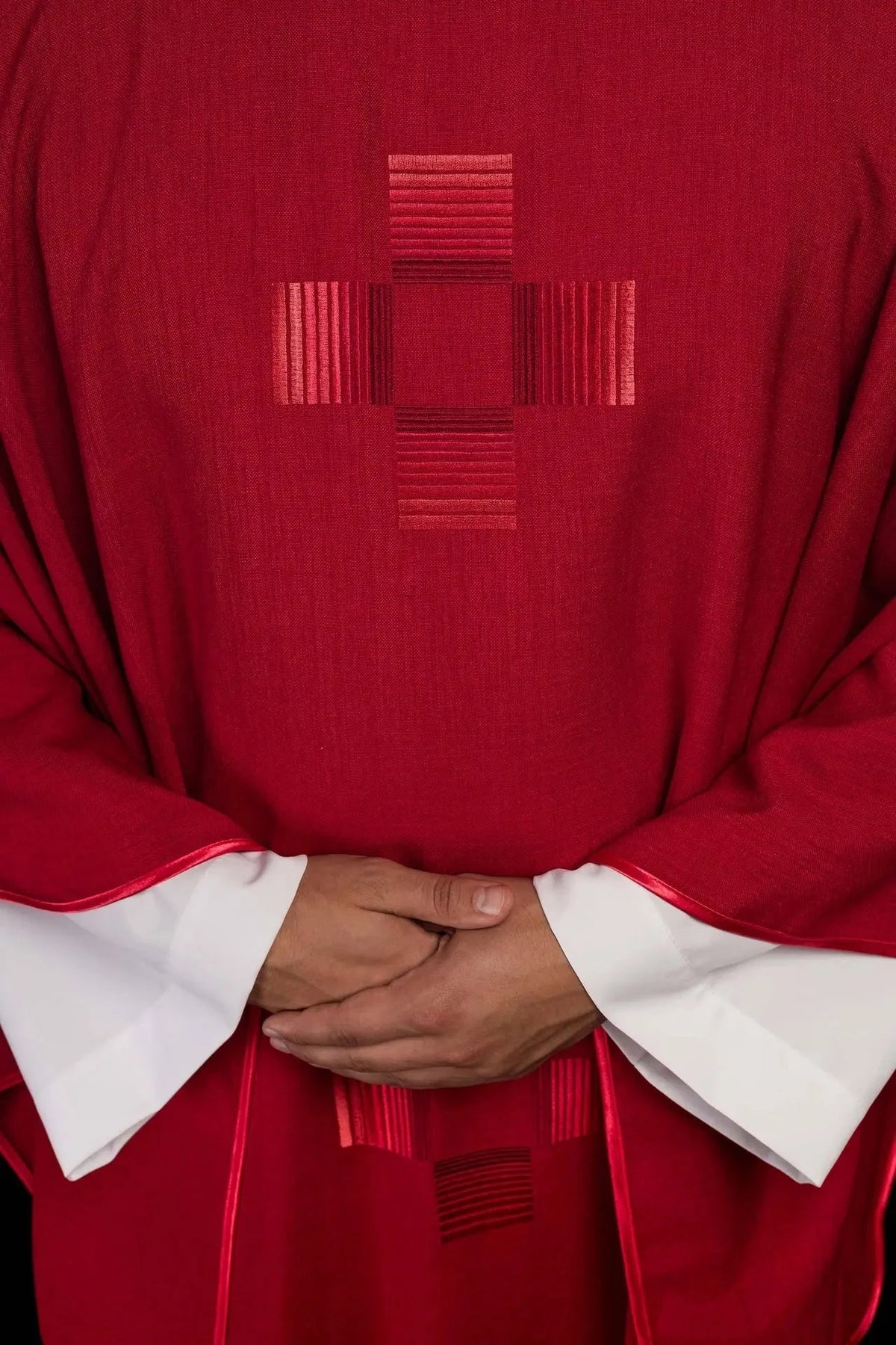 Red Satin Chasuble with Minimalist Cross Embroidery — Embroidery close-up