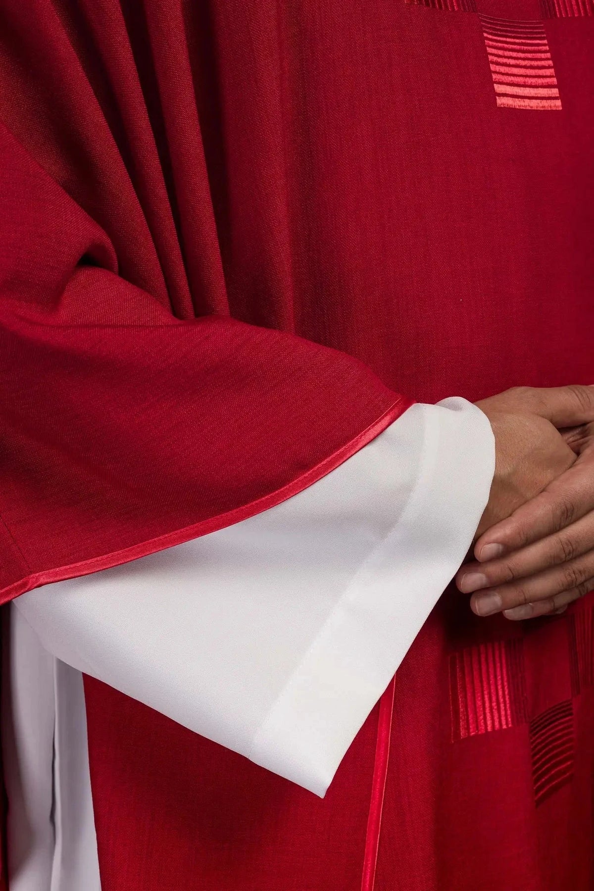 Red Satin Chasuble with Minimalist Cross Embroidery — Cross detail