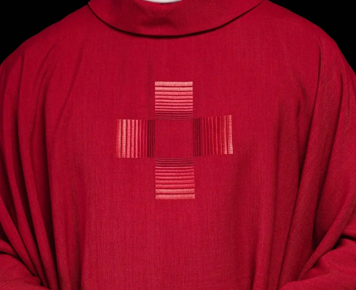Red Satin Chasuble with Minimalist Cross Embroidery — Neckline finish