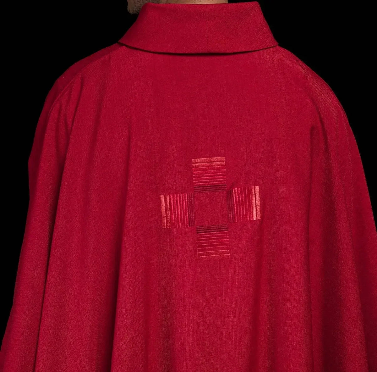 Red Satin Chasuble with Minimalist Cross Embroidery — Front view
