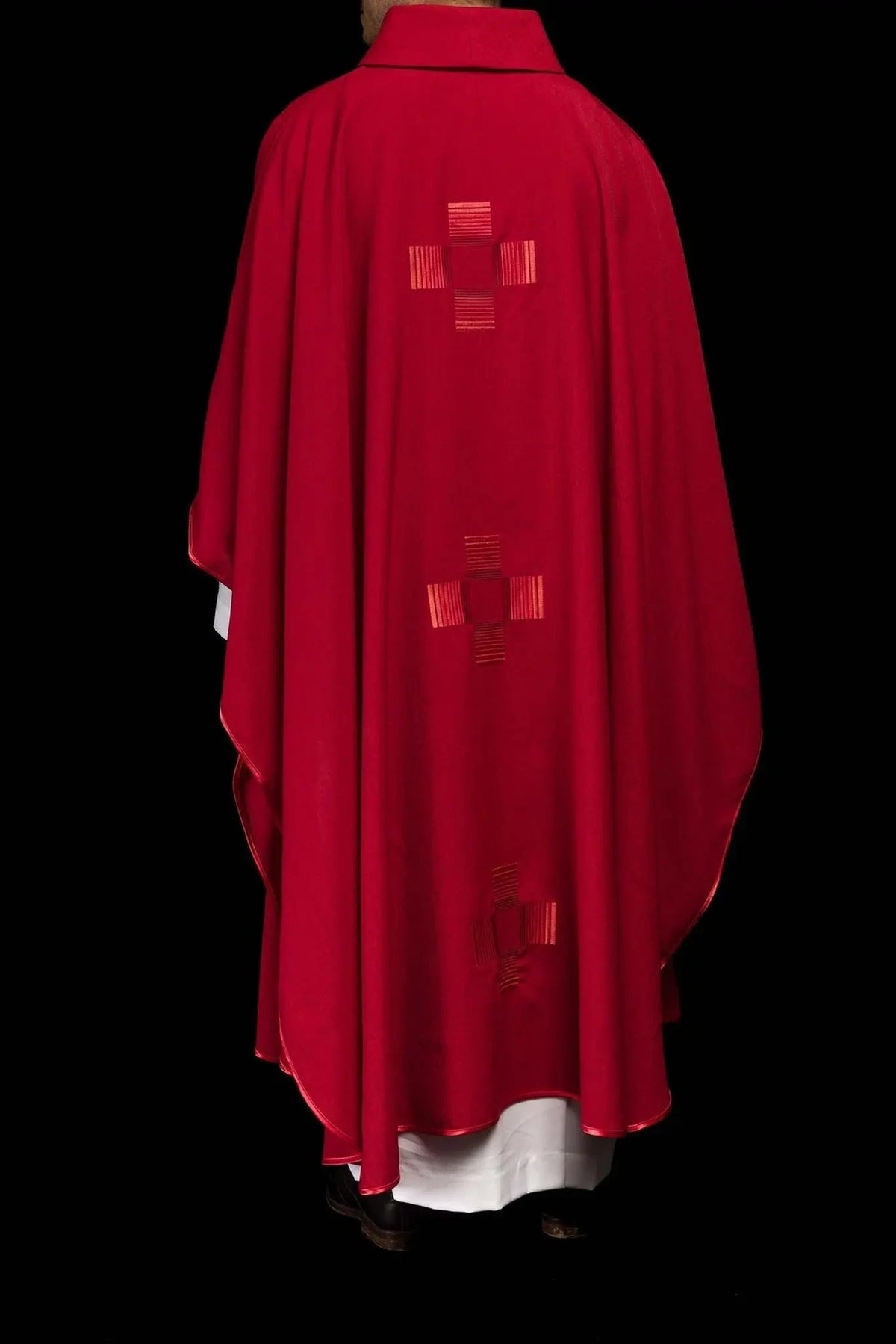 Red Satin Chasuble with Minimalist Cross Embroidery — Back view