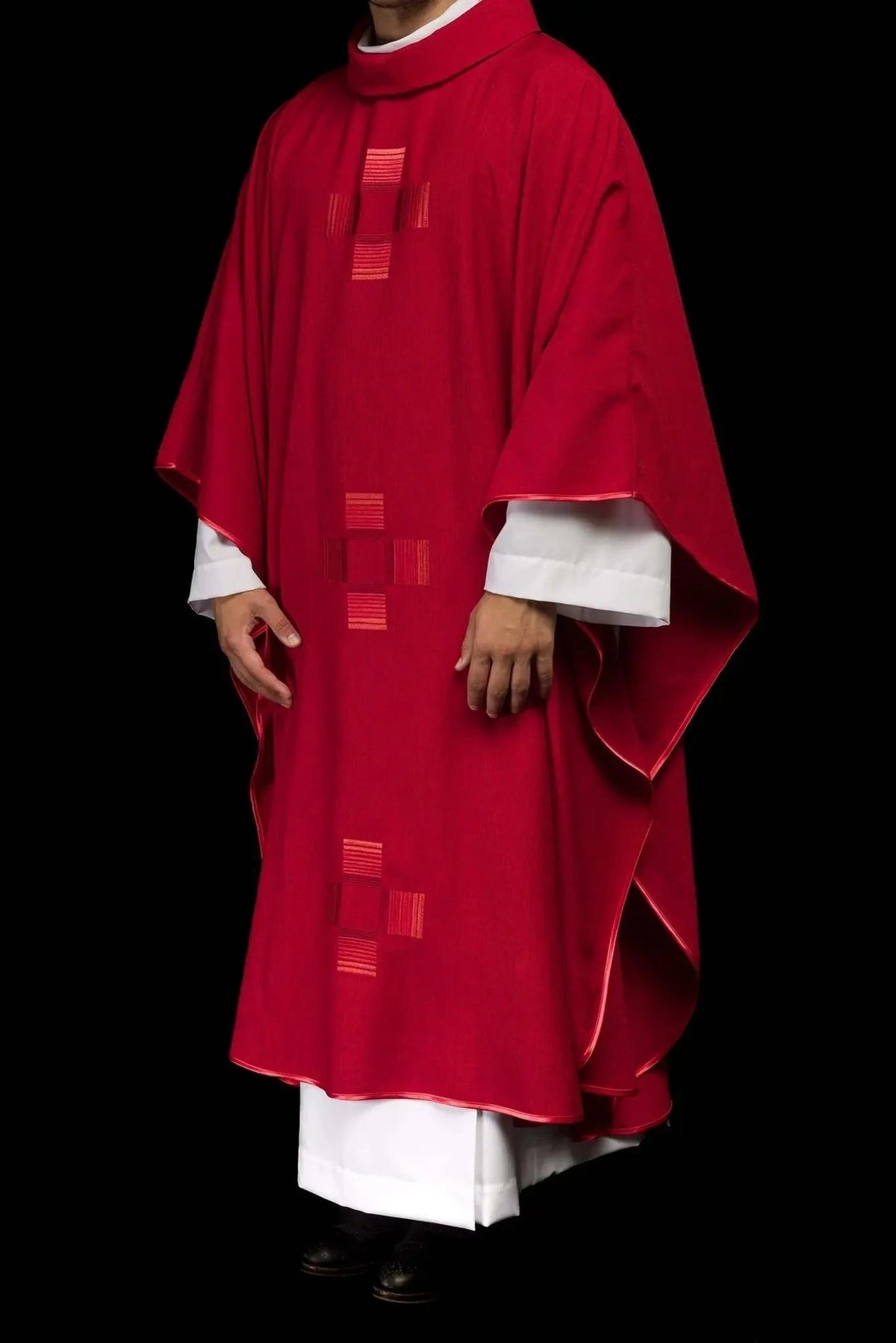 Red Satin Chasuble with Minimalist Cross Embroidery — Satin fabric detail