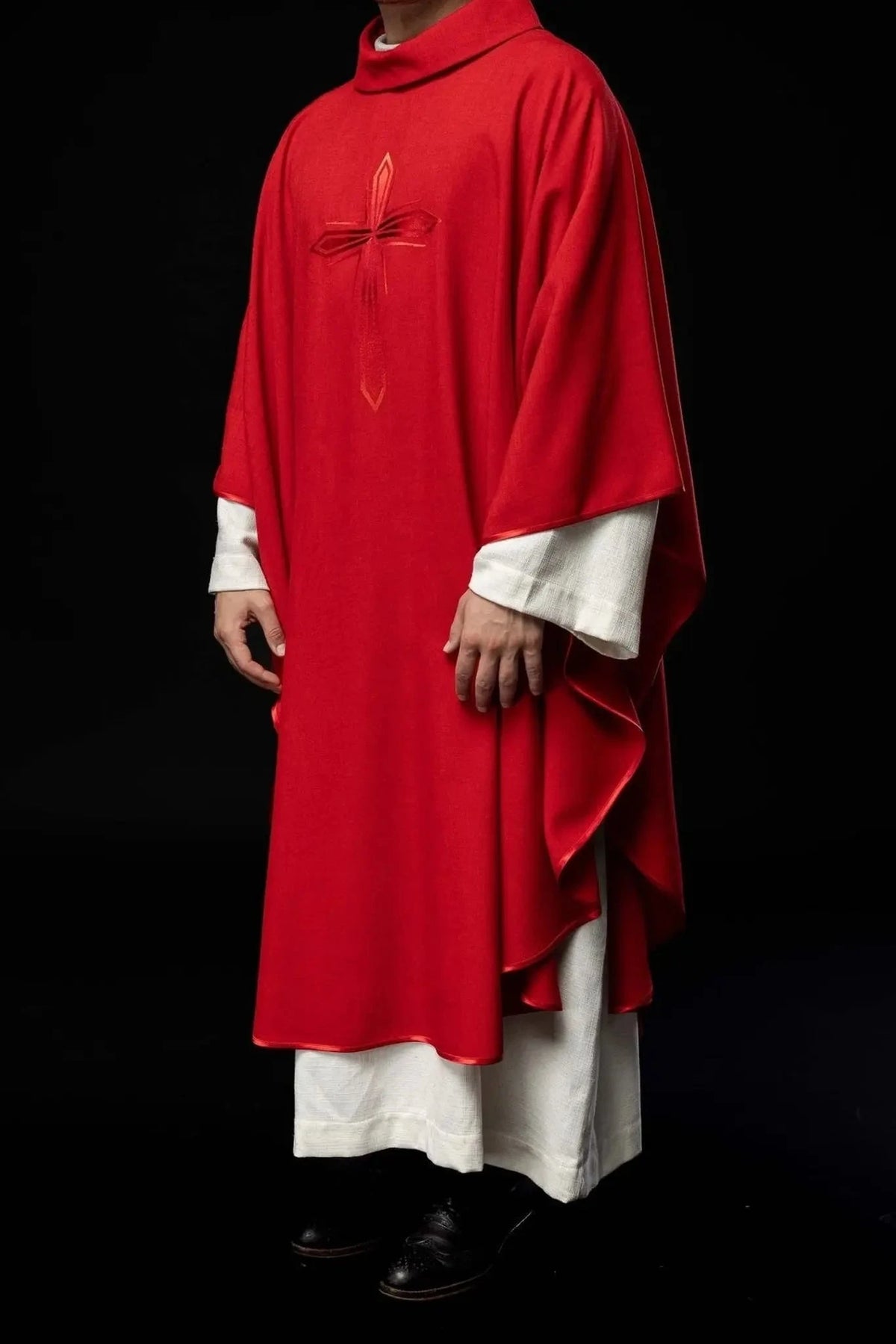 Red Satin Chasuble with Embroidered Cross — Full view