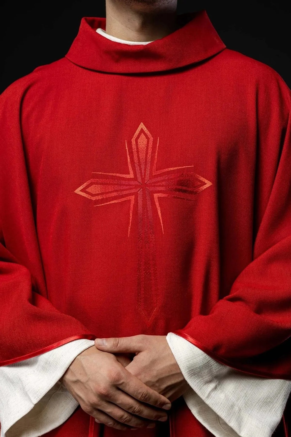 Red Satin Chasuble with Embroidered Cross — Embroidery close-up
