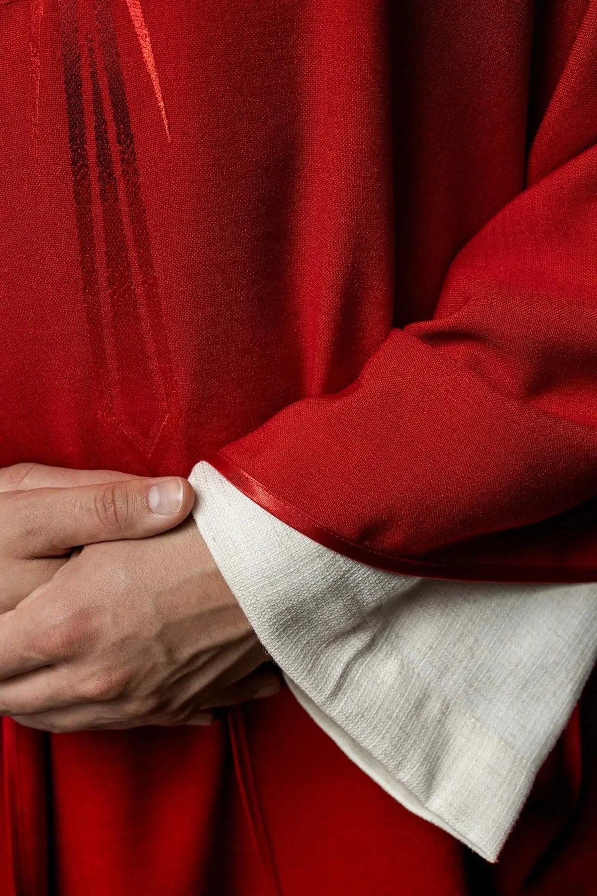 Red Satin Chasuble with Embroidered Cross — Symbol detail