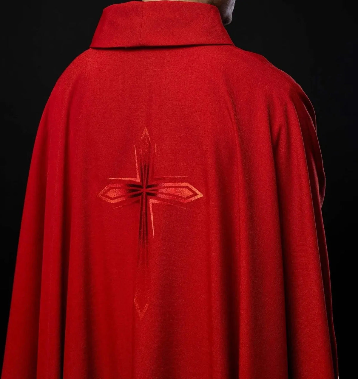 Red Satin Chasuble with Embroidered Cross — Collar finish
