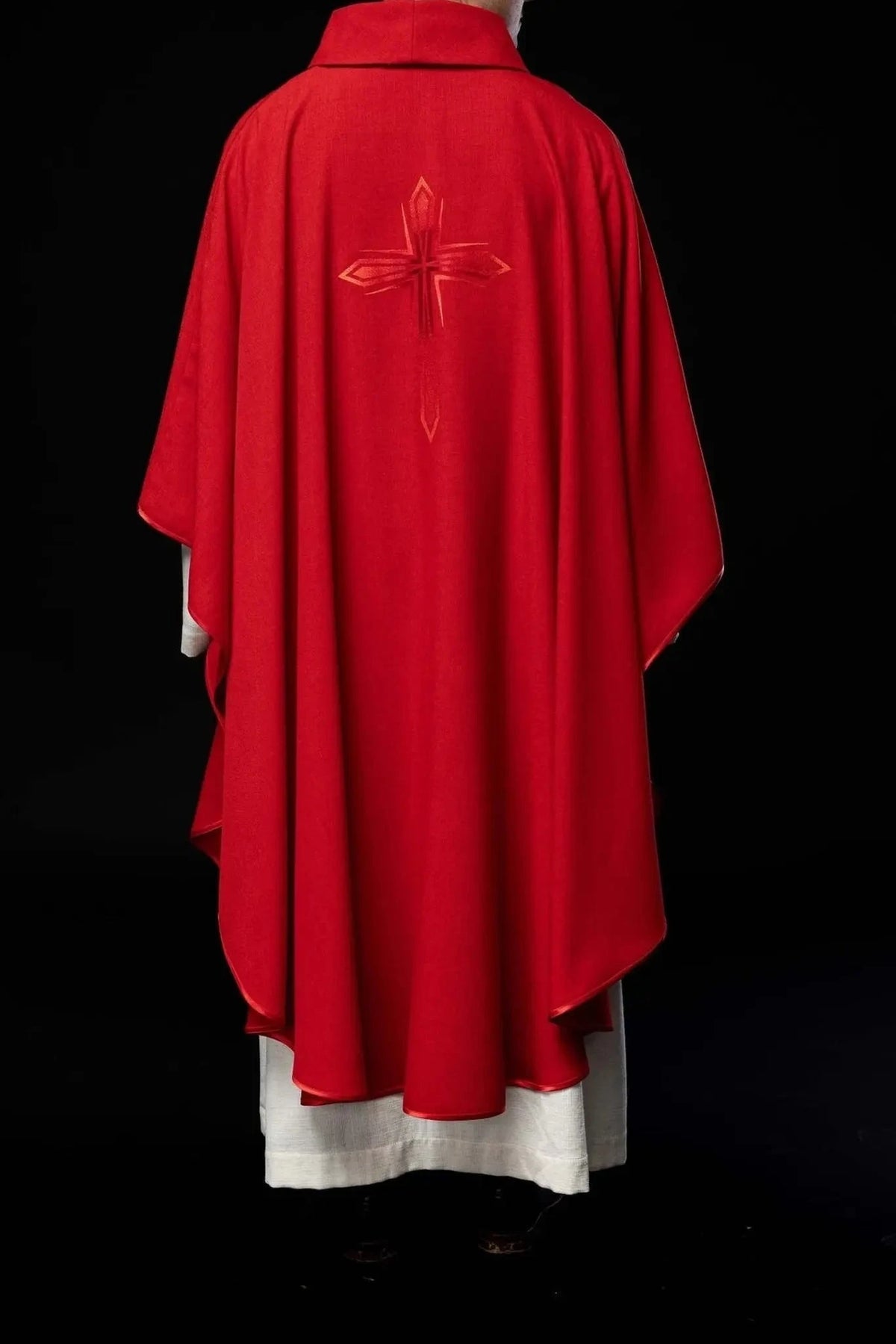 Red Satin Chasuble with Embroidered Cross — Front view
