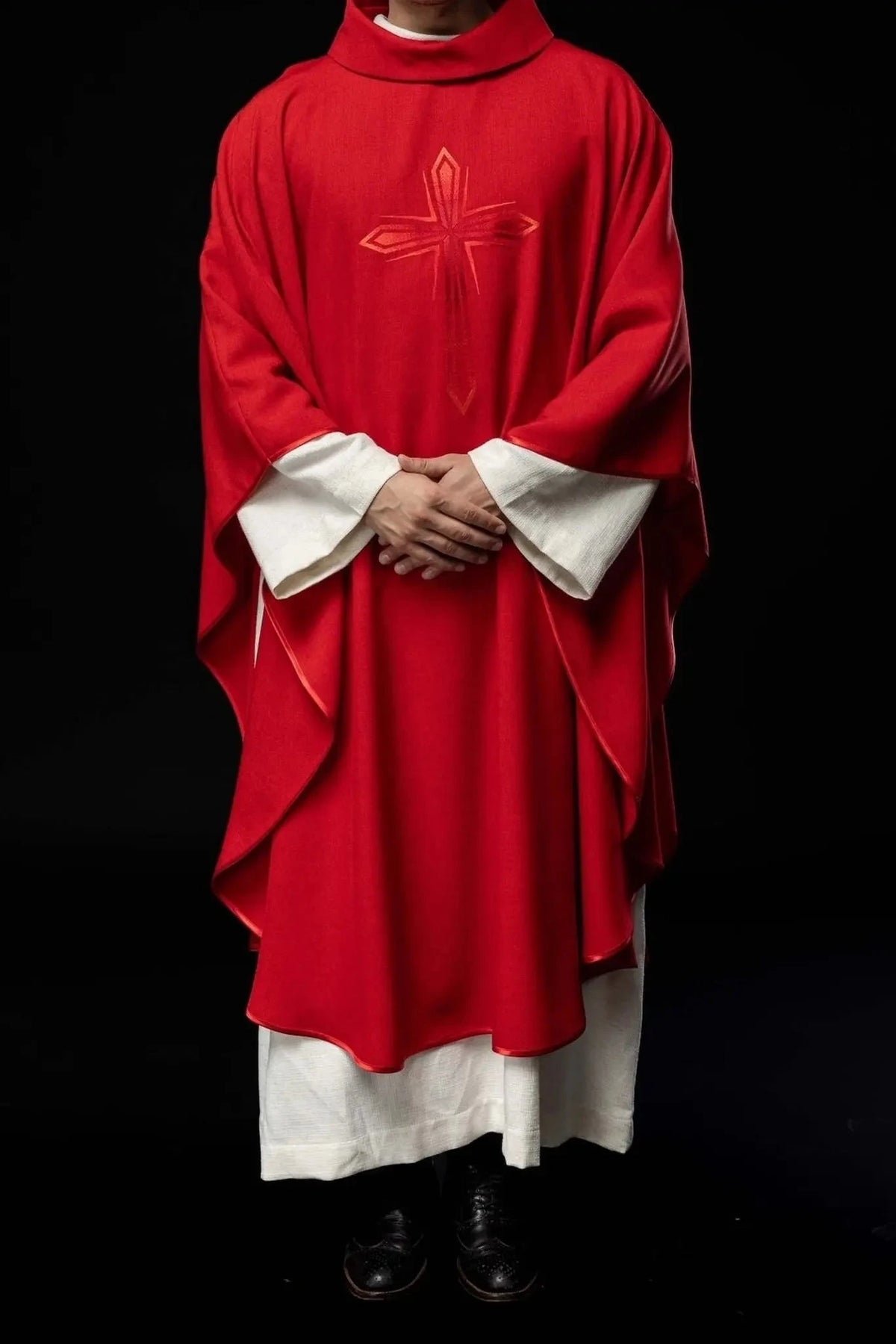 Red Satin Chasuble with Embroidered Cross — Back view