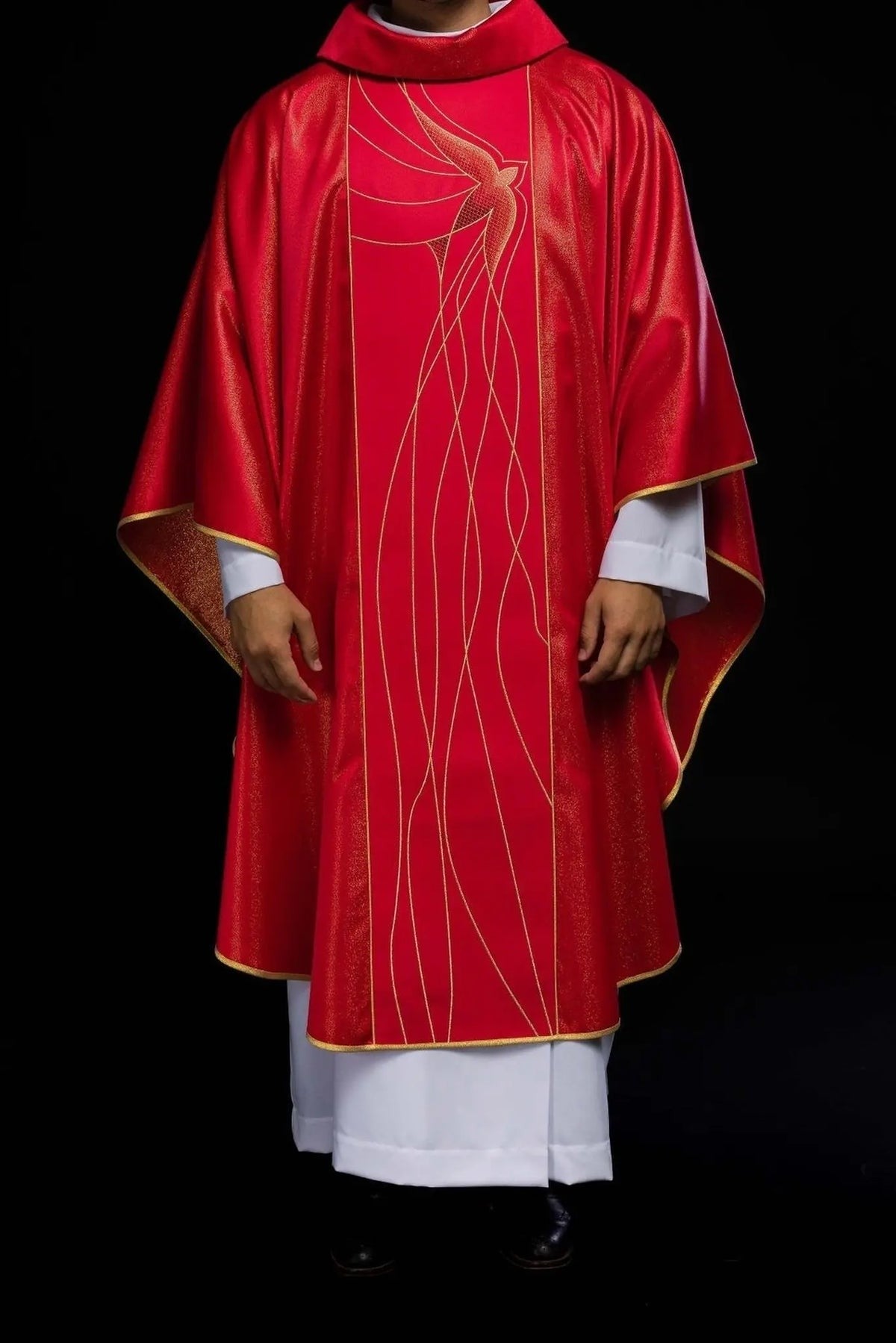 Richly Embroidered Red Chasuble in Lustrous Fabric — construction detail