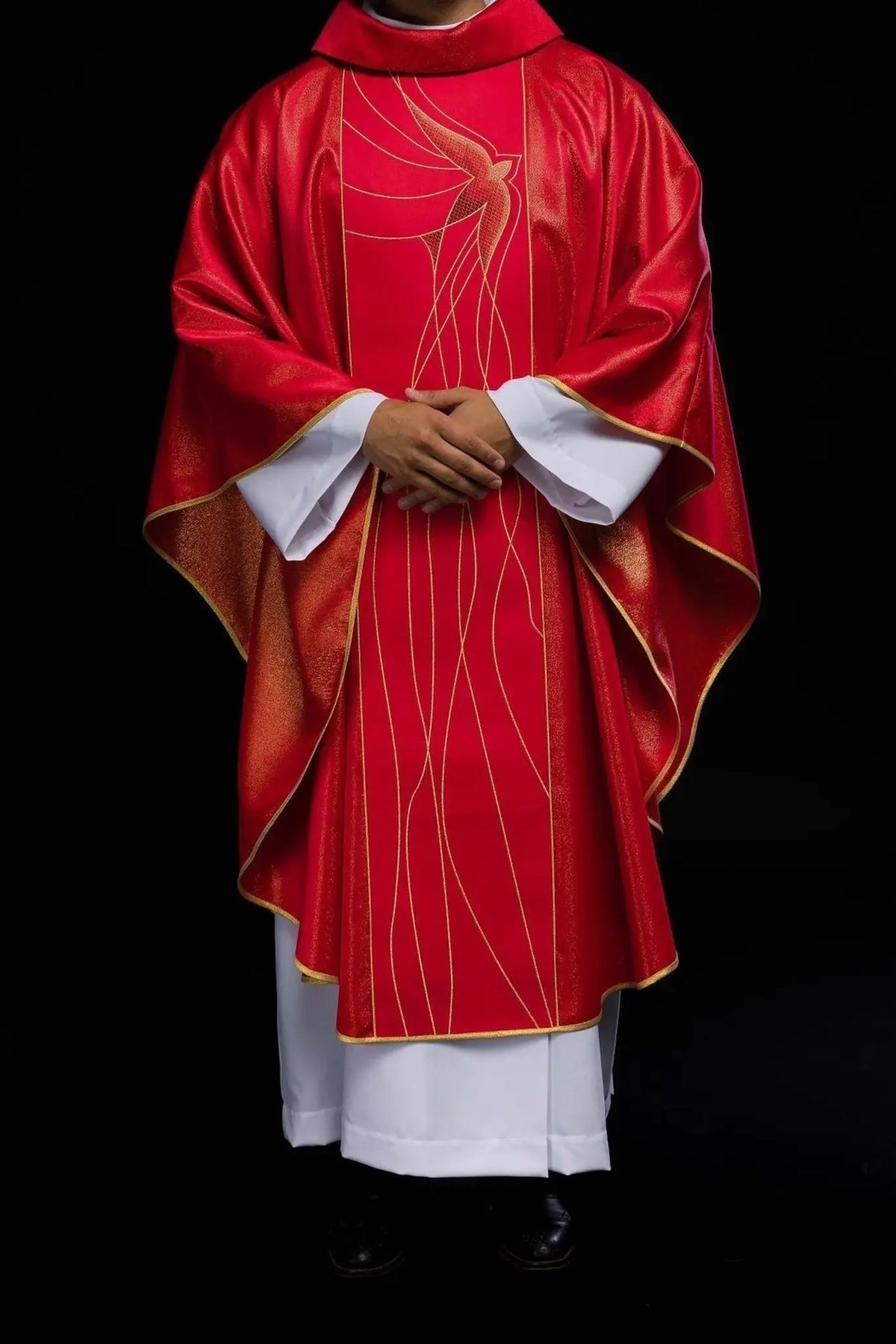 Richly Embroidered Red Chasuble in Lustrous Fabric — decorative finish
