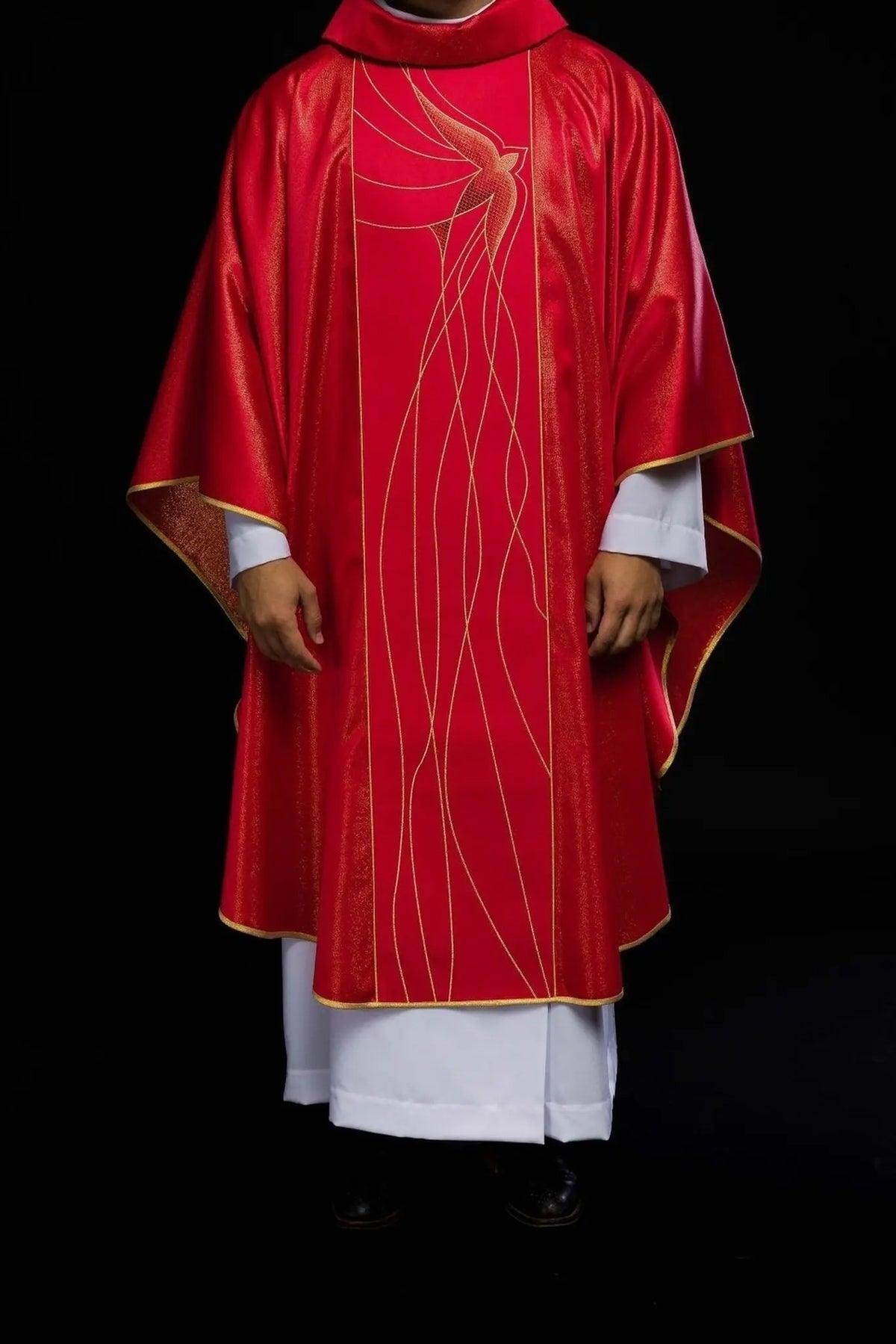 Richly Embroidered Red Chasuble in Lustrous Fabric — full view
