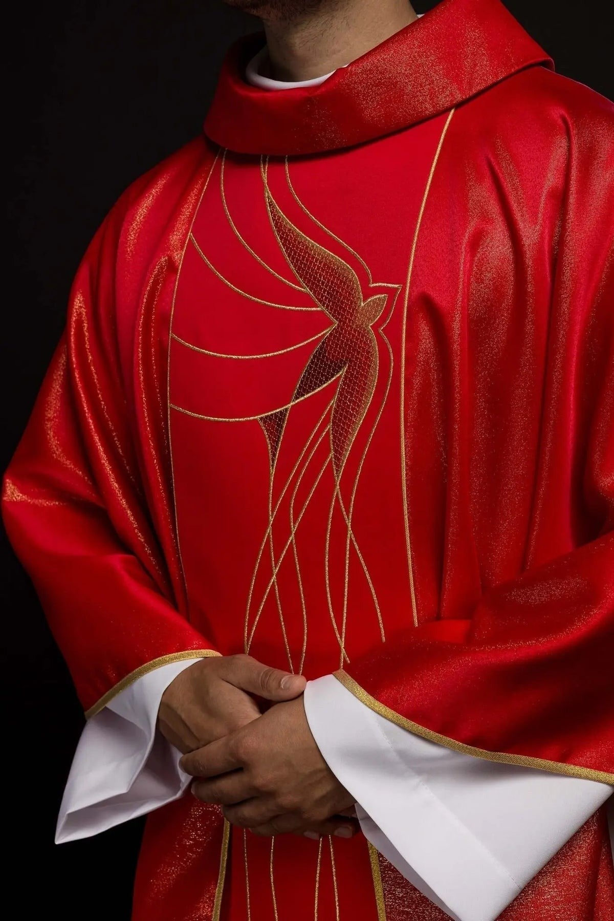 Richly Embroidered Red Chasuble in Lustrous Fabric — embroidery close-up
