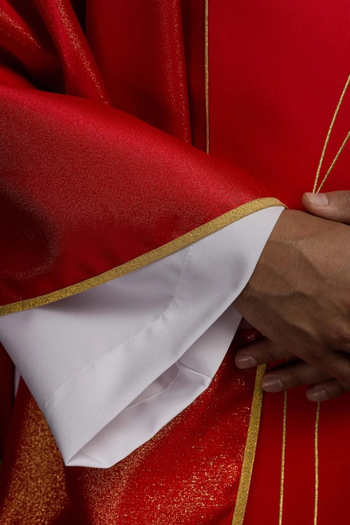 Richly Embroidered Red Chasuble in Lustrous Fabric — collar finish