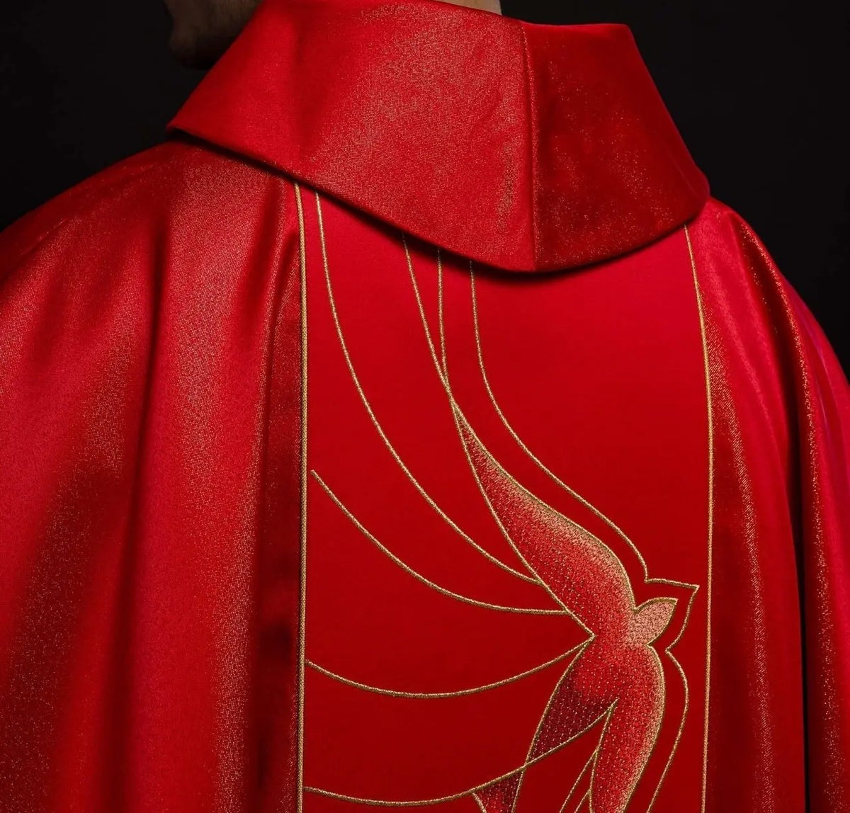 Richly Embroidered Red Chasuble in Lustrous Fabric — front view