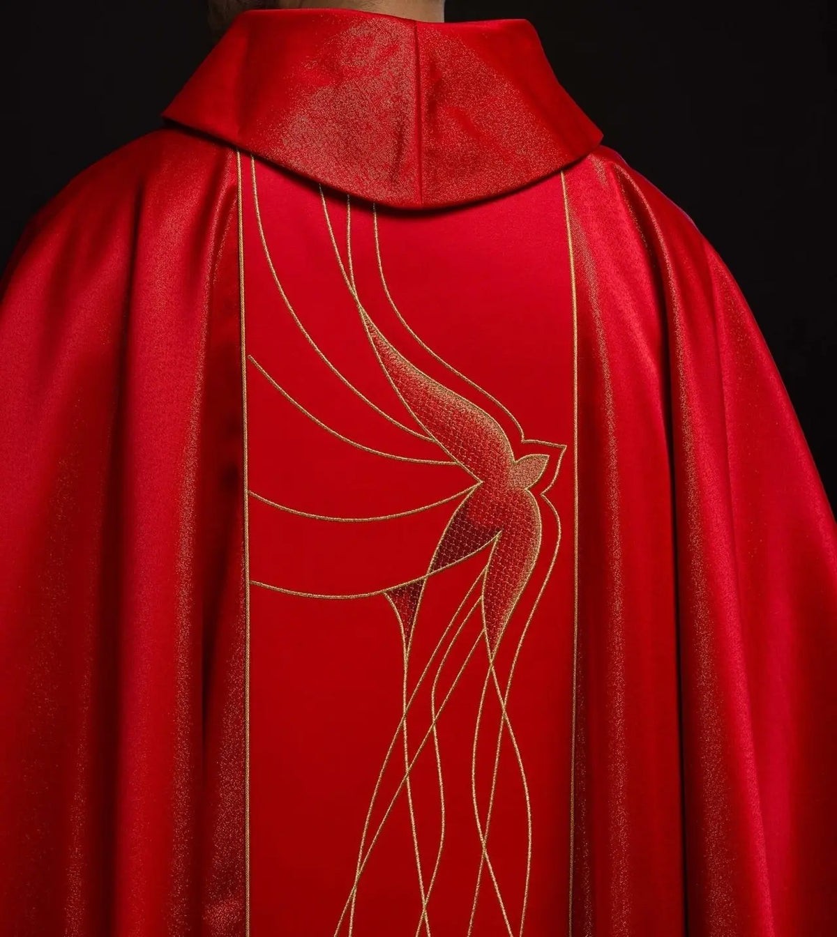 Richly Embroidered Red Chasuble in Lustrous Fabric — back view