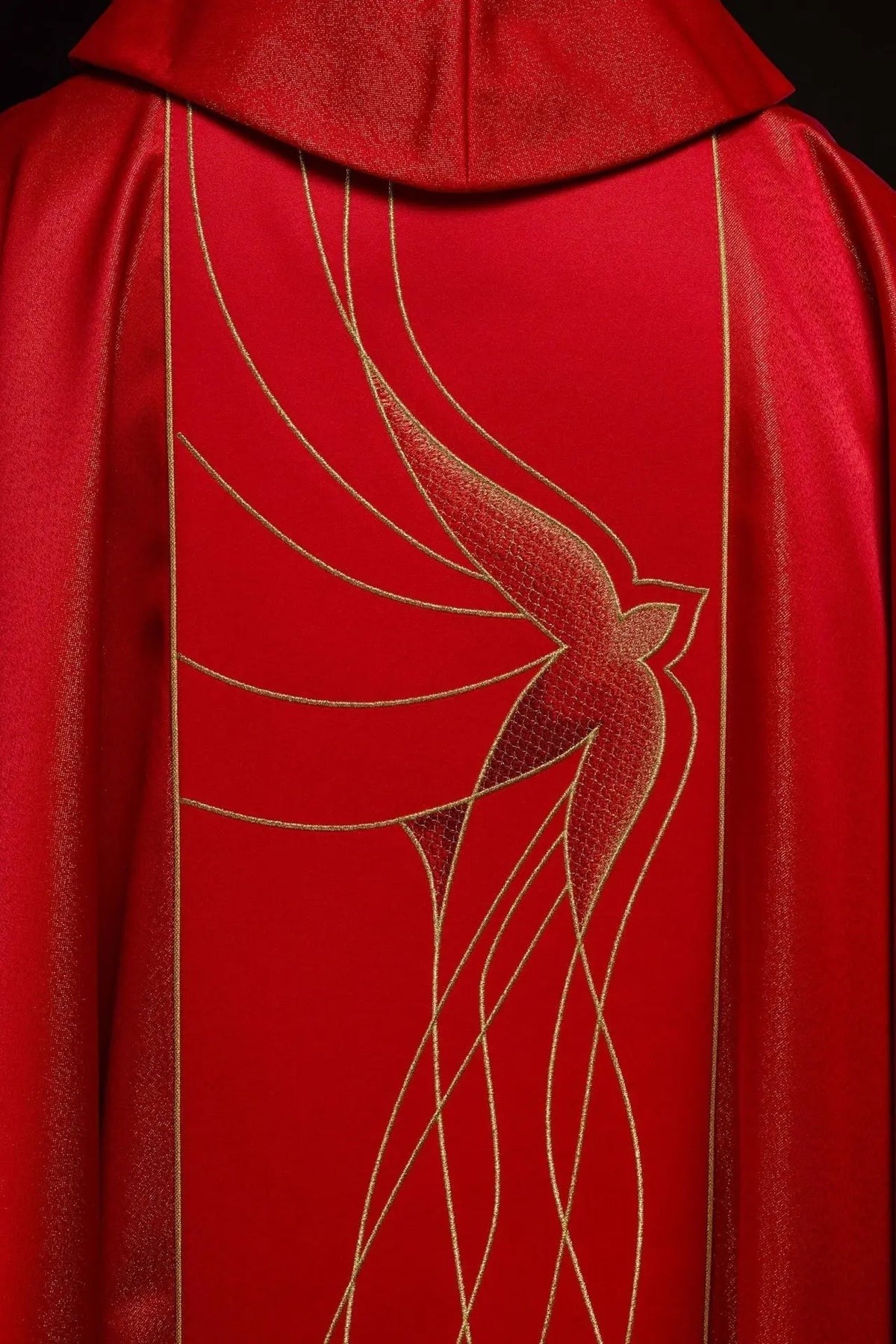 Richly Embroidered Red Chasuble in Lustrous Fabric — fabric detail