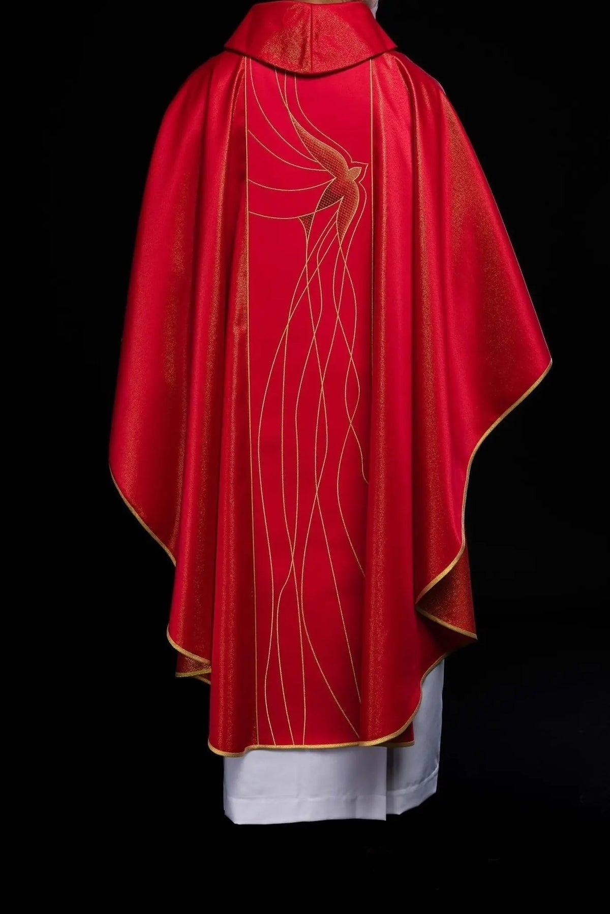 Richly Embroidered Red Chasuble in Lustrous Fabric — fit on celebrant