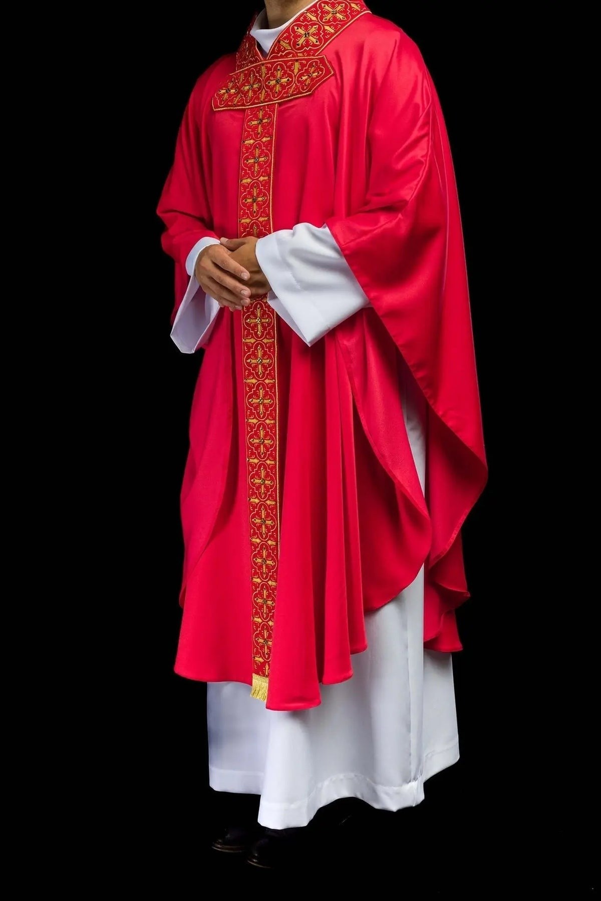 Richly Embroidered Red Chasuble with Red Stones — construction detail