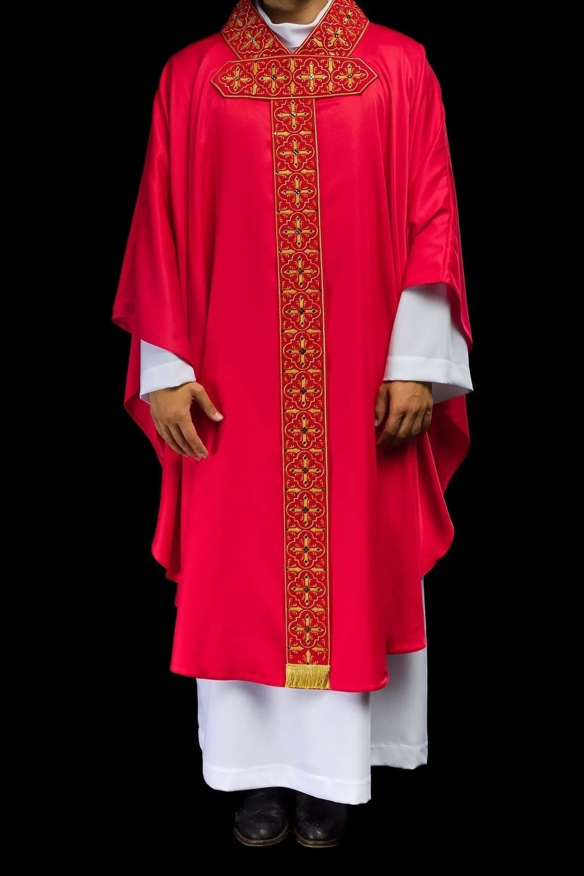 Richly Embroidered Red Chasuble with Red Stones — full view