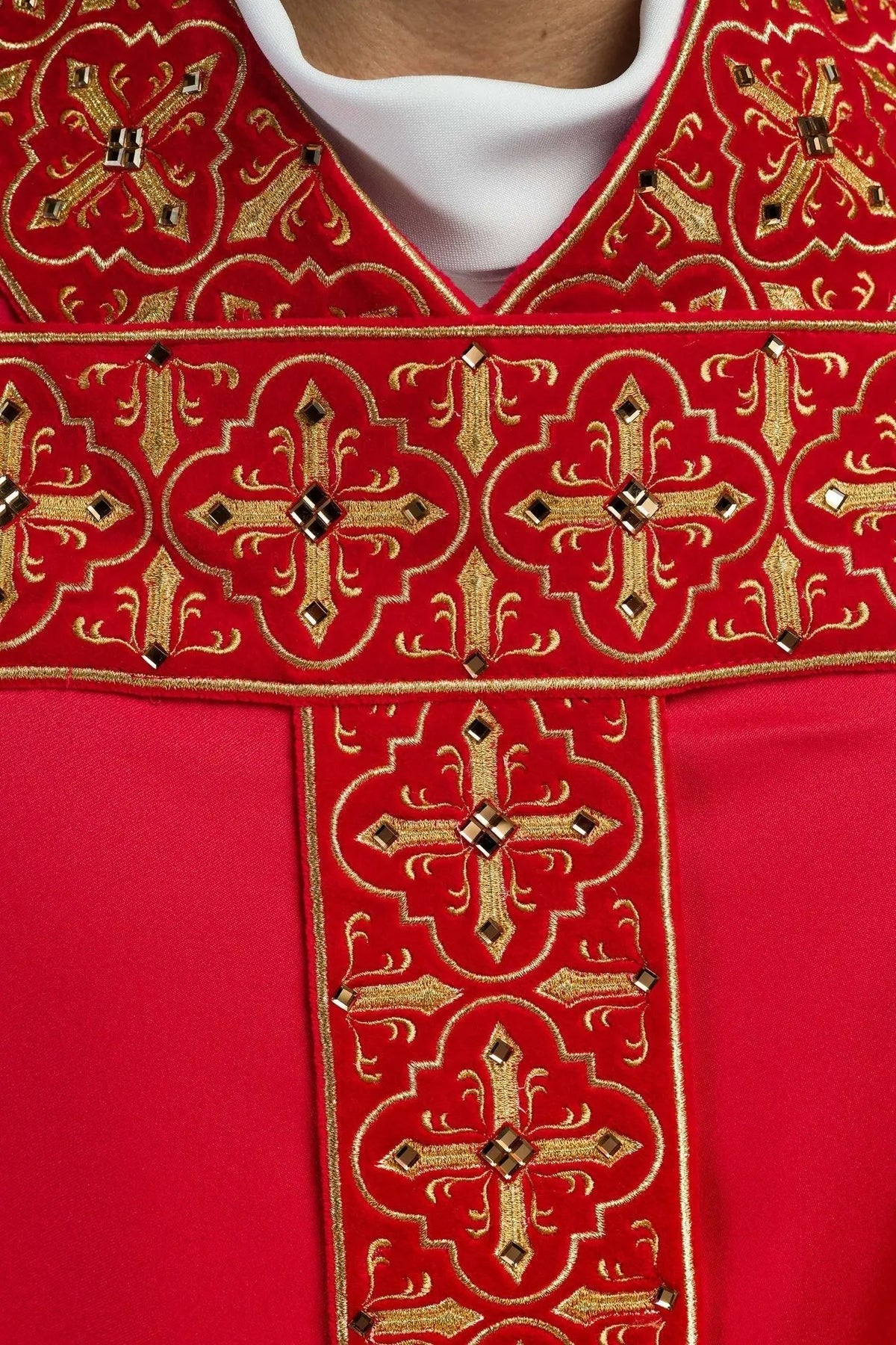 Richly Embroidered Red Chasuble with Red Stones — embroidery close-up