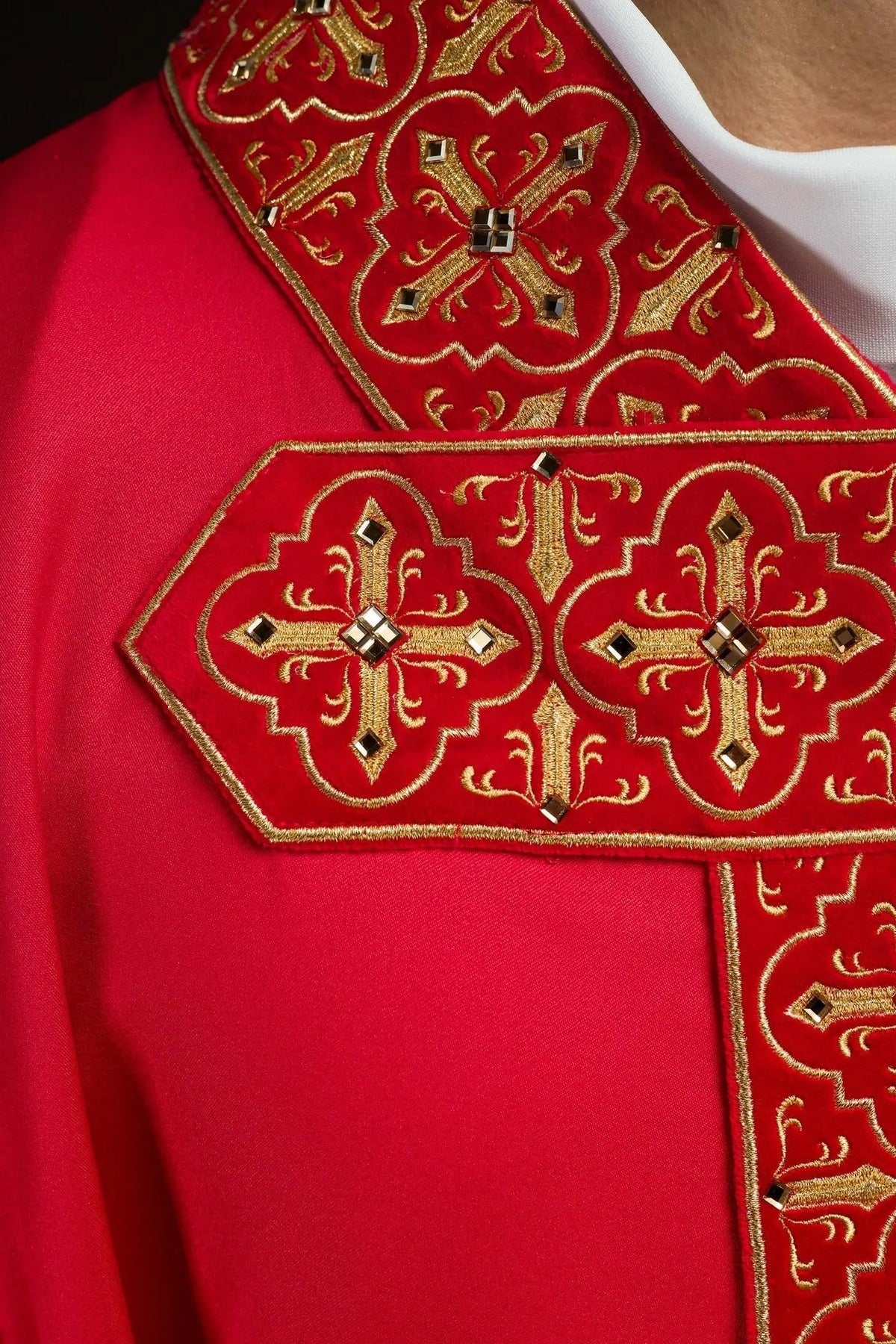 Richly Embroidered Red Chasuble with Red Stones — symbol detail