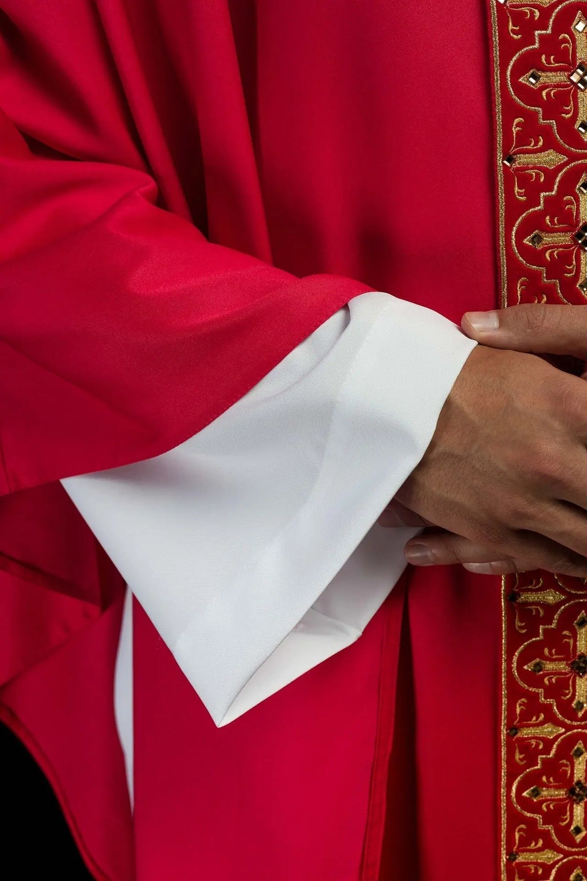 Richly Embroidered Red Chasuble with Red Stones — front view