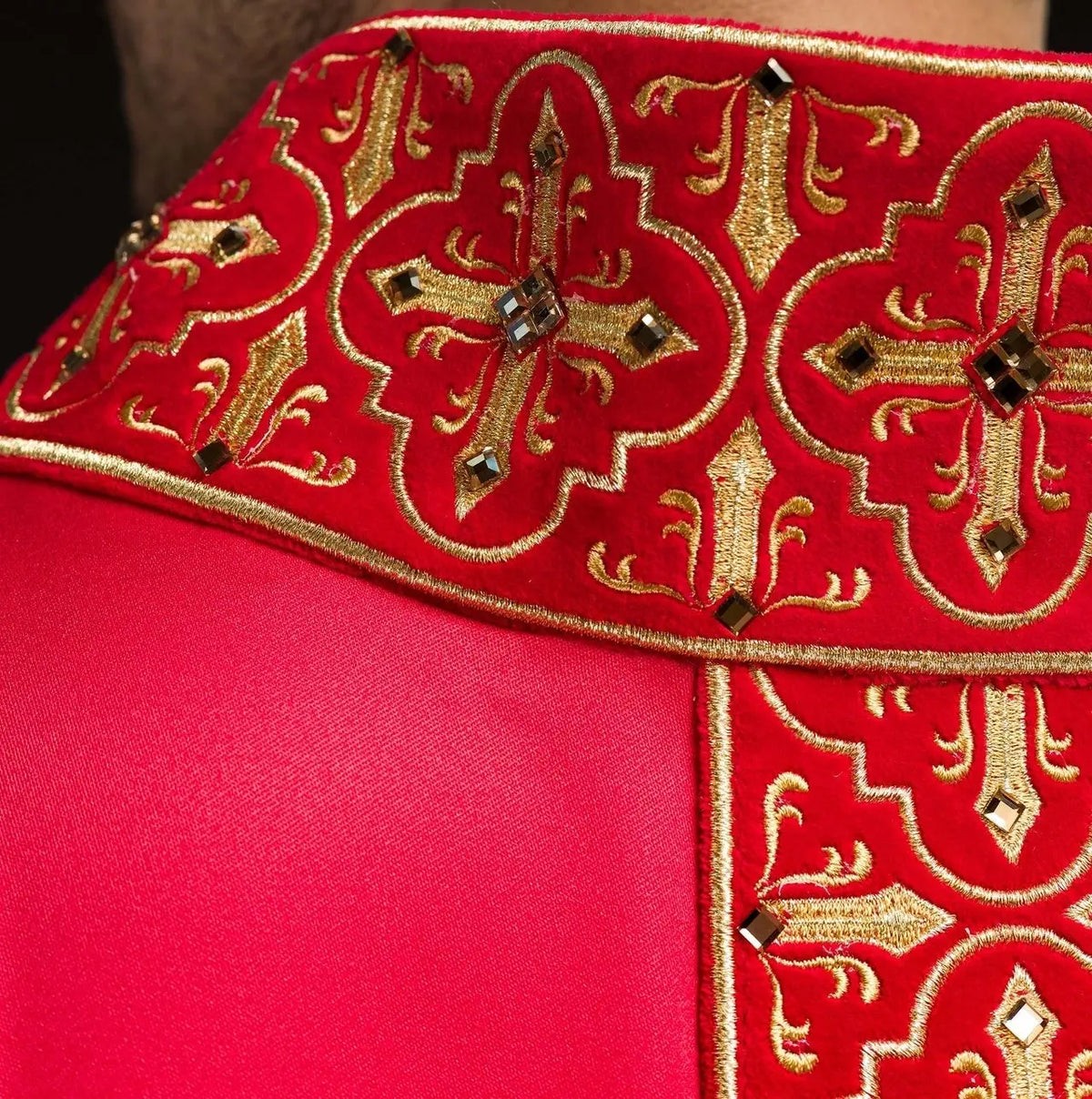 Richly Embroidered Red Chasuble with Red Stones — back view