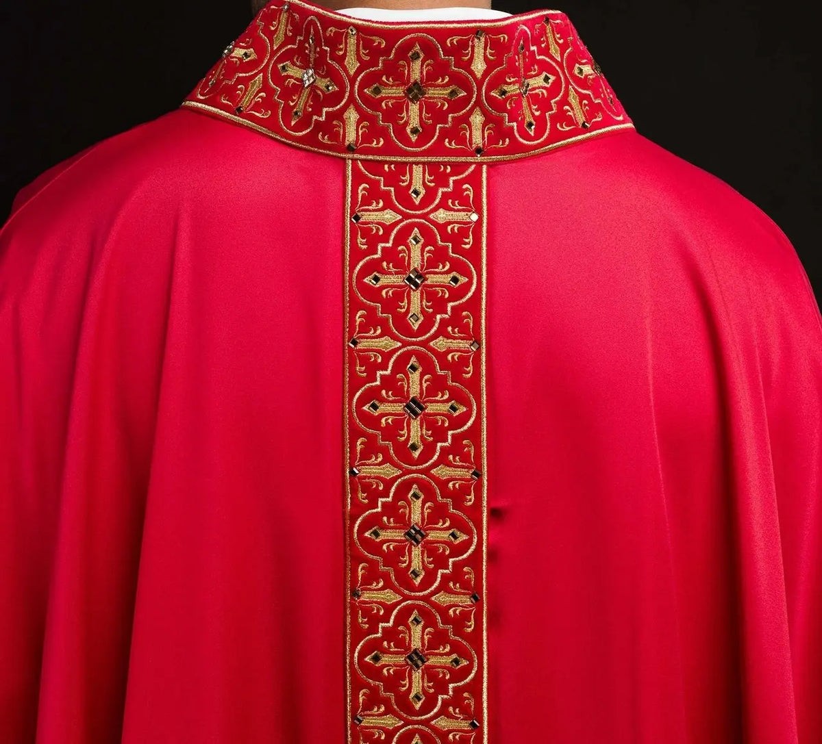 Richly Embroidered Red Chasuble with Red Stones — fabric detail