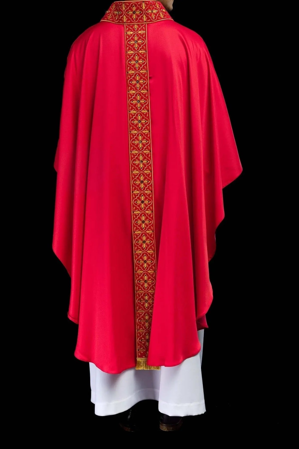 Richly Embroidered Red Chasuble with Red Stones — fit on celebrant