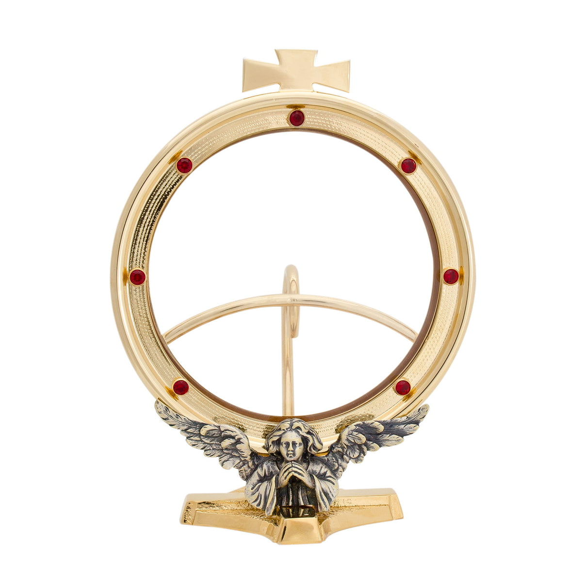 Kleine vergoldete Monstranz mit roten Steinen, Kreuz und patiniertem Engel, 18 cm.