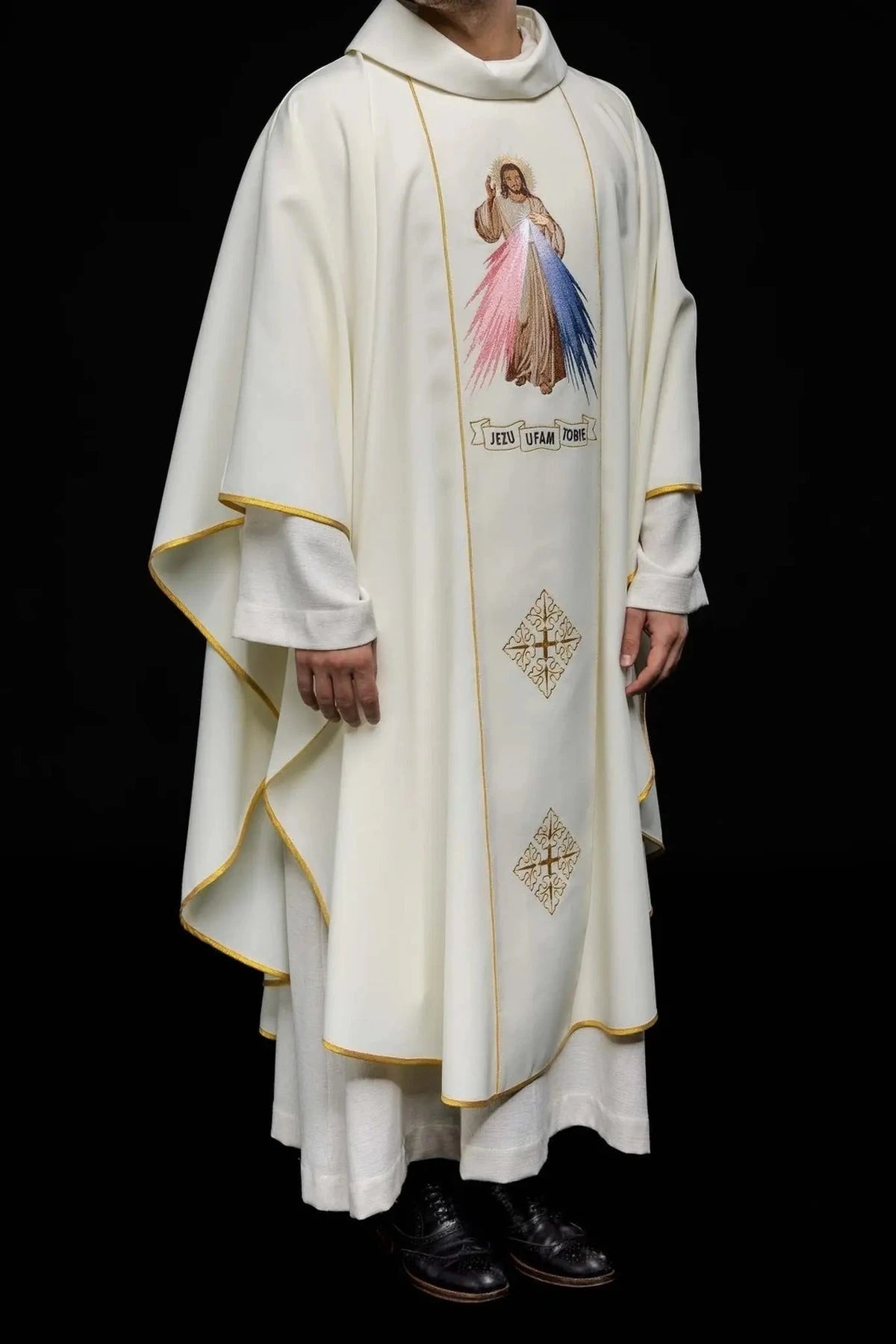 Full front of the ecru Divine Mercy chasuble