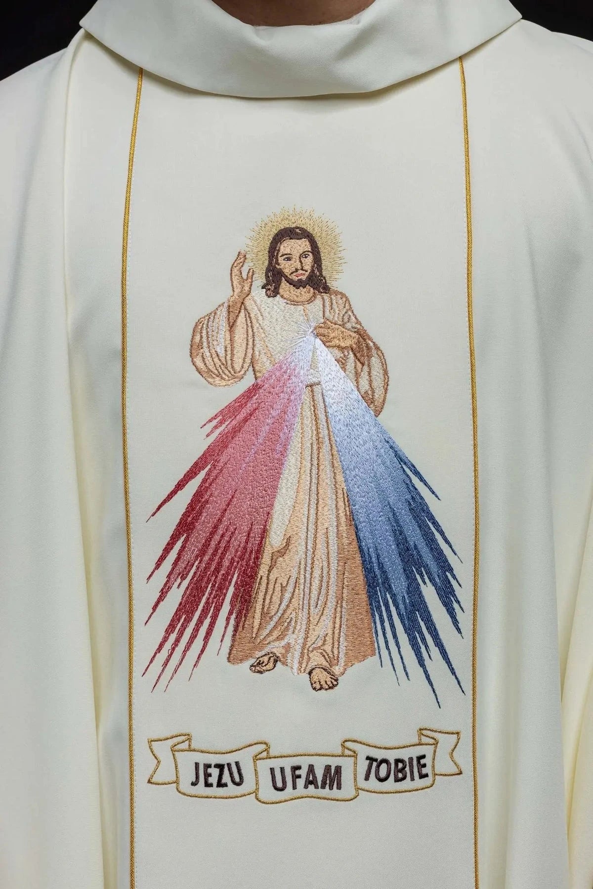 Embroidered Divine Mercy image on the chasuble