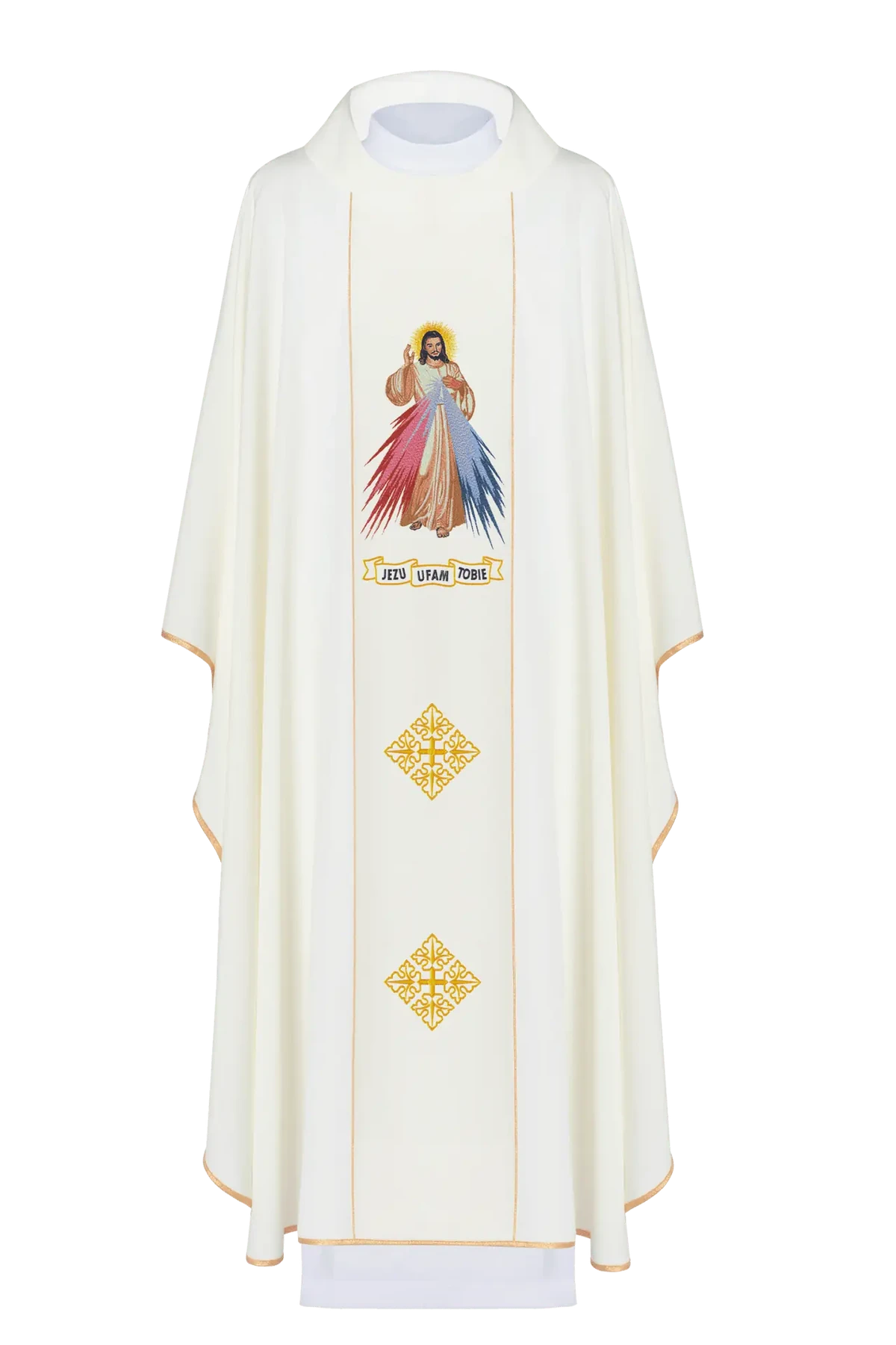 Ecru Divine Mercy chasuble displayed on a mannequin