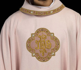 Pink Chasuble with Embroidered IHS Medallion - full view