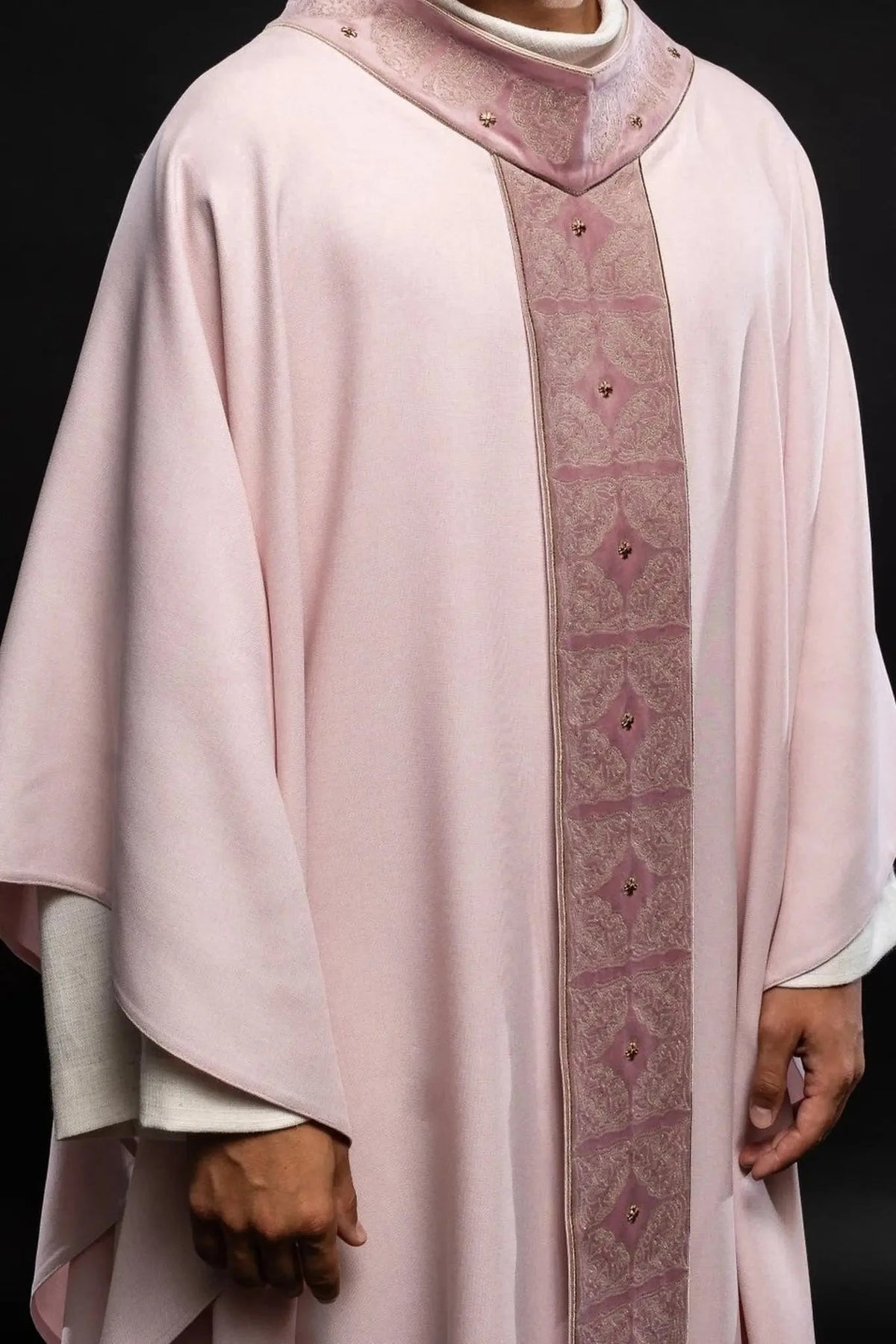 Pink Chasuble with Embroidered Ornamental Orphrey - full view