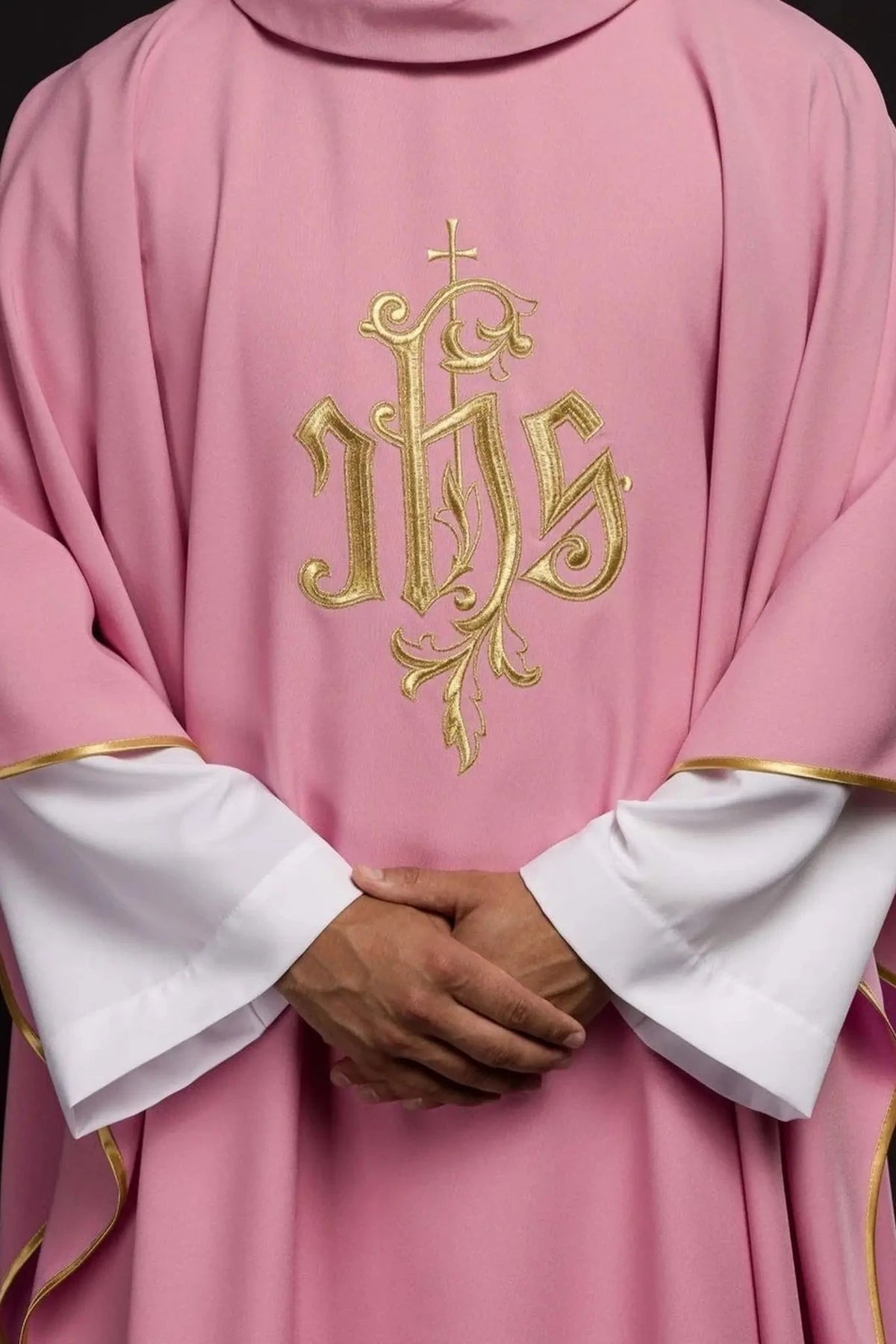 Pink Chasuble with IHS Embroidery - Variant II - full view