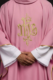 Pink Chasuble with IHS Embroidery - Variant II - full view