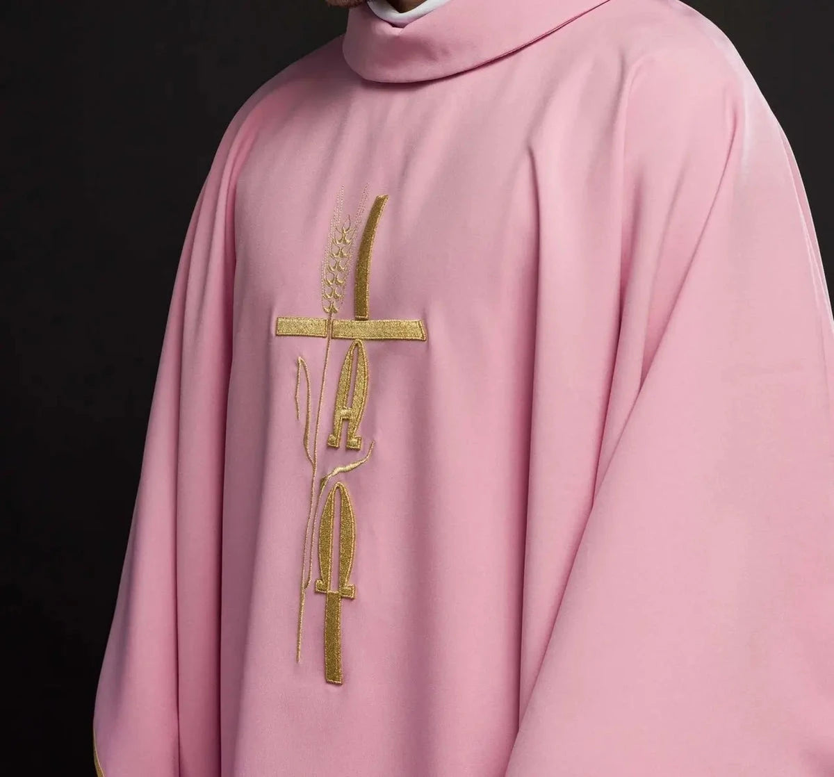 Pink Chasuble with Cross and IHS Embroidery - full view
