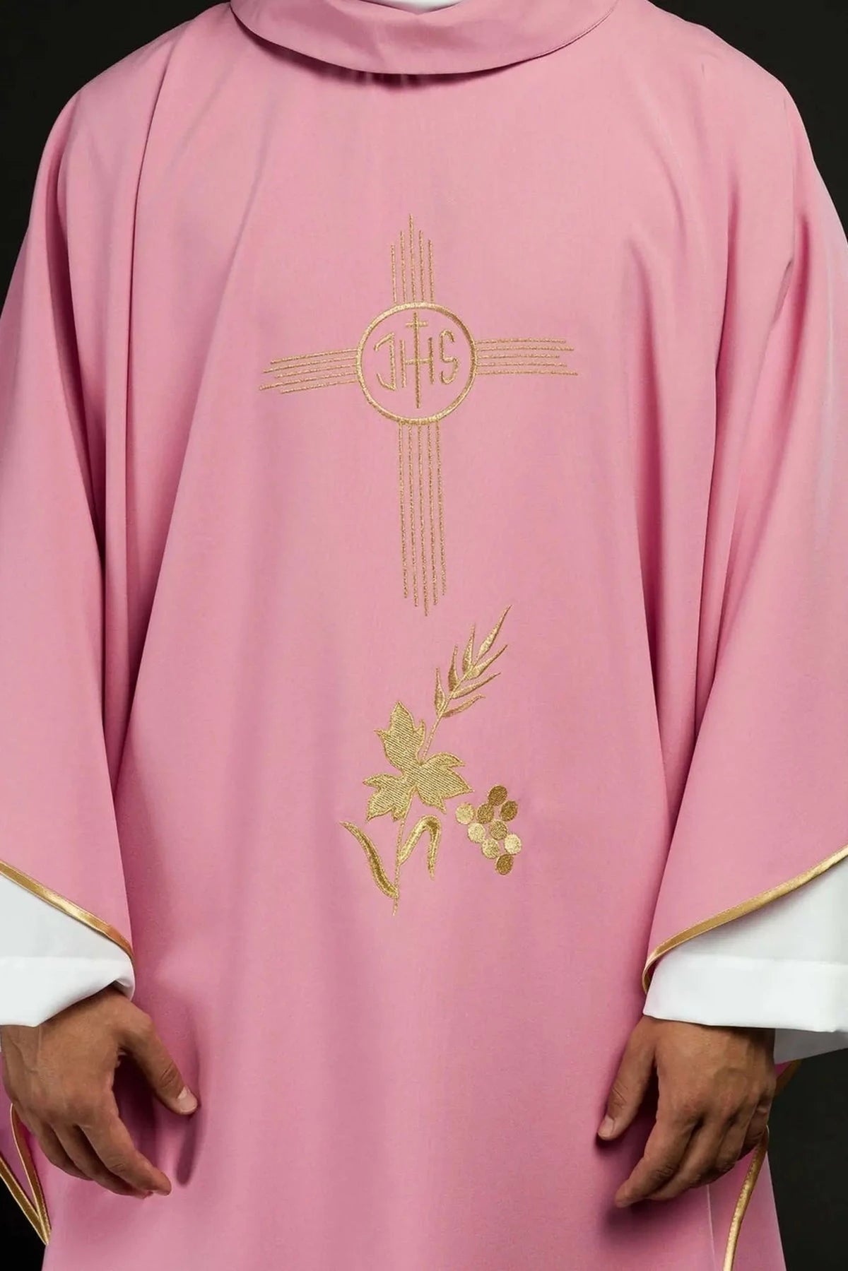 Pink Chasuble with Pink and Gold Cross Embroidery - full view