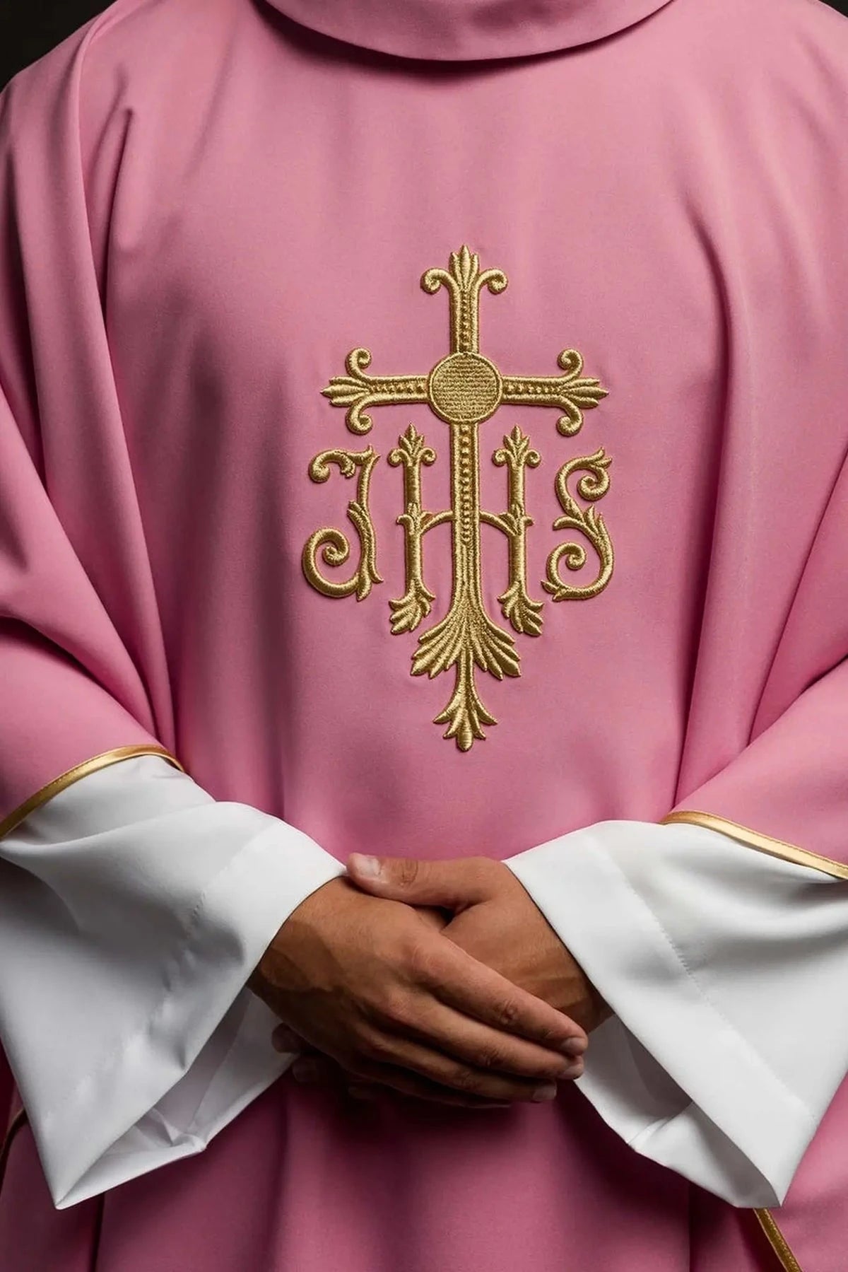 Pink Chasuble with Raised JHS Embroidery - full view