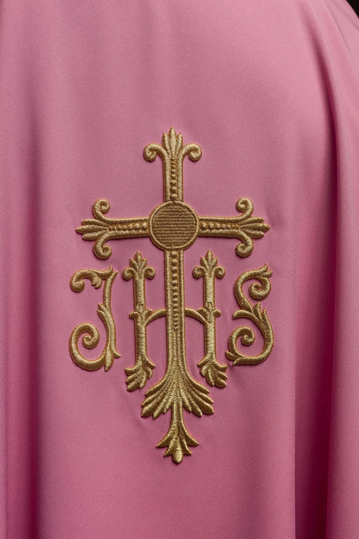 Pink Chasuble with Raised JHS Embroidery - detail 3