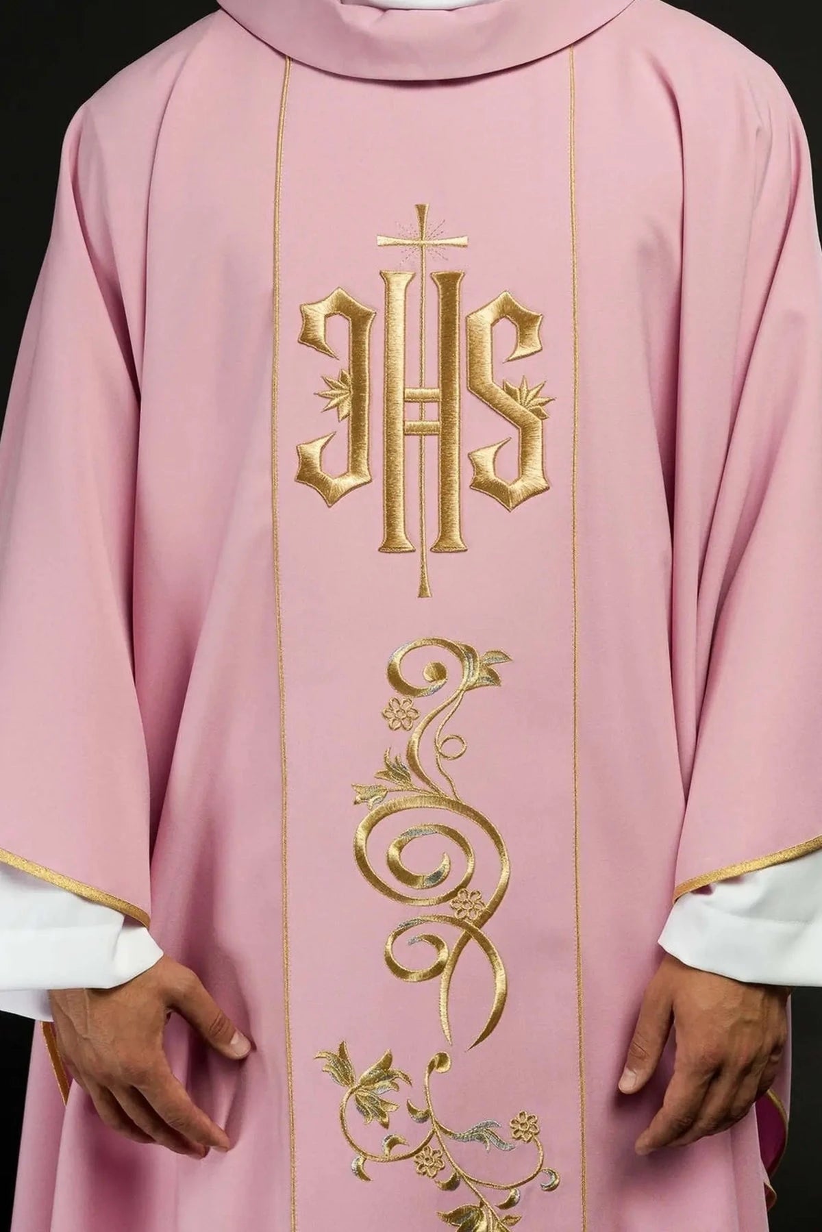 Pink Chasuble with Ornamental IHS Embroidery - full view