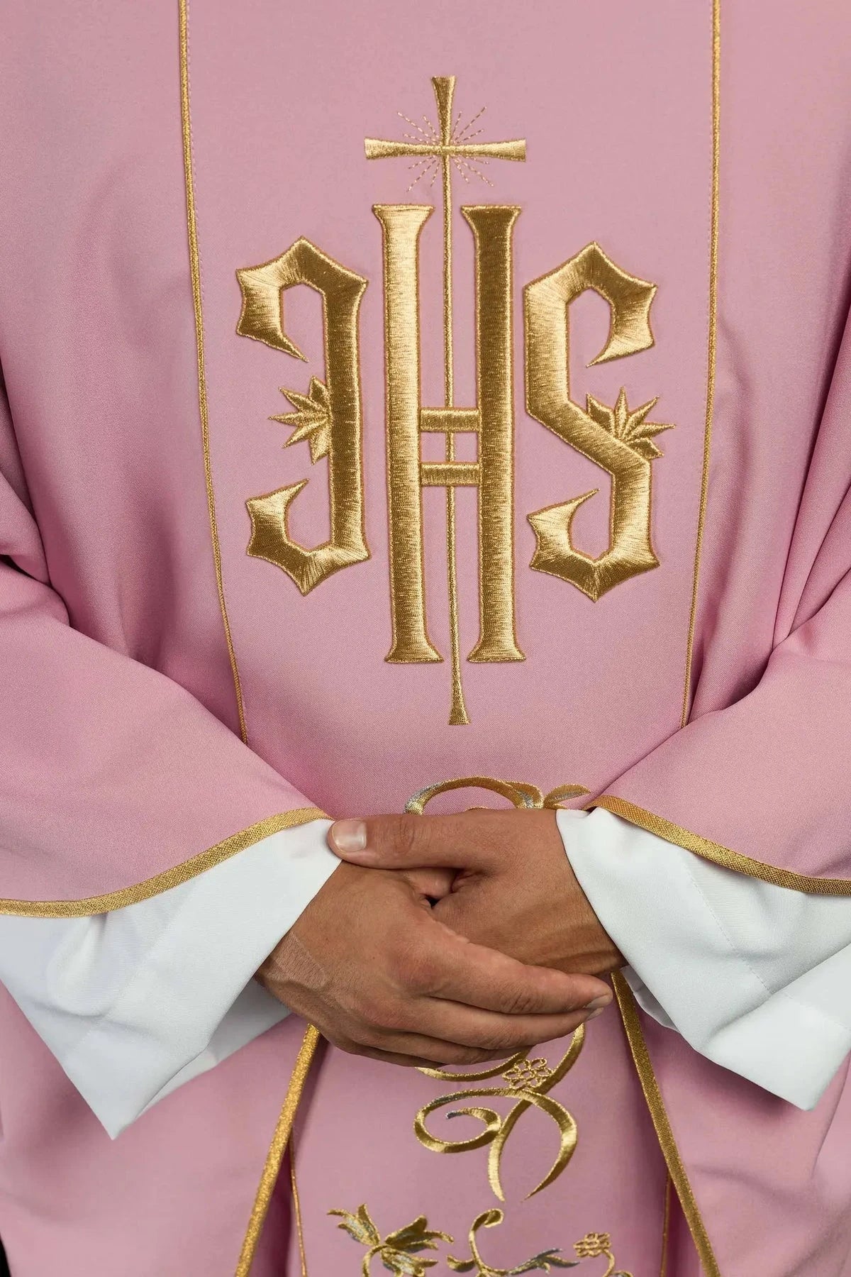 Pink Chasuble with Ornamental IHS Embroidery - detail 3